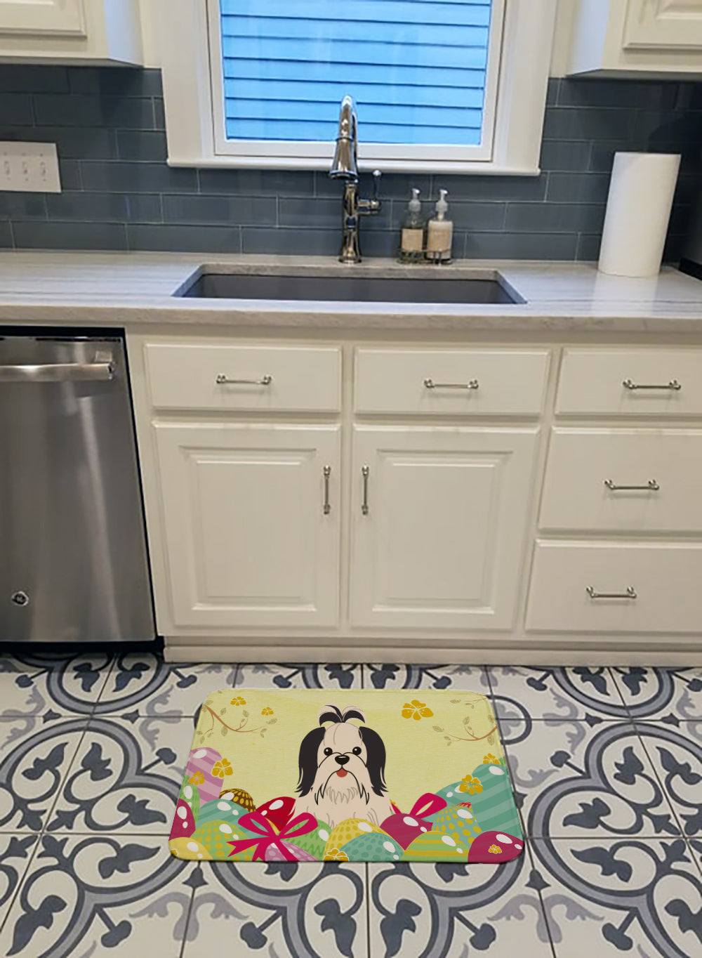 Easter Eggs Shih Tzu Black White Machine Washable Memory Foam Mat BB6088RUG - the-store.com