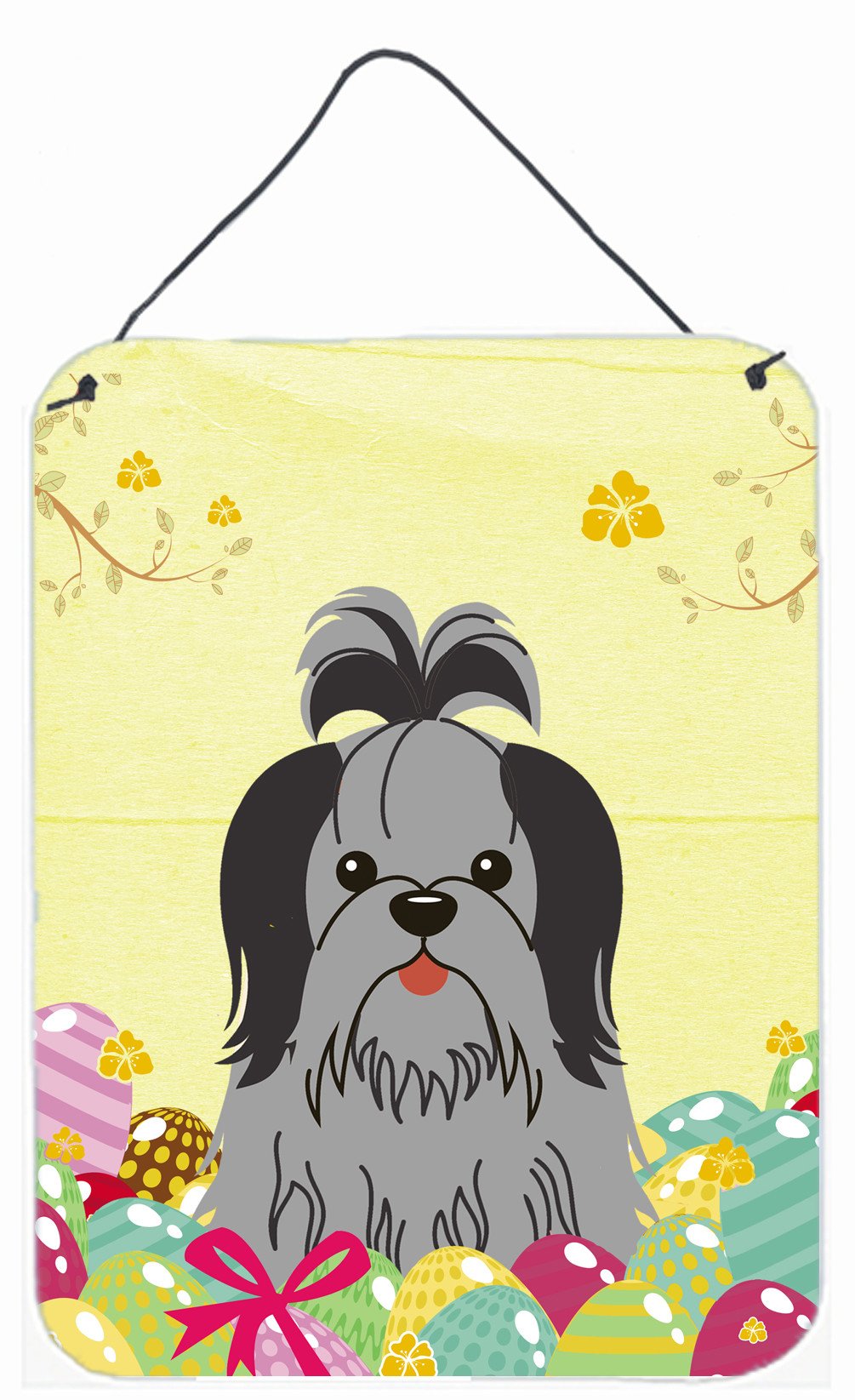 Easter Eggs Shih Tzu Black Silver Wall or Door Hanging Prints BB6089DS1216 by Caroline's Treasures