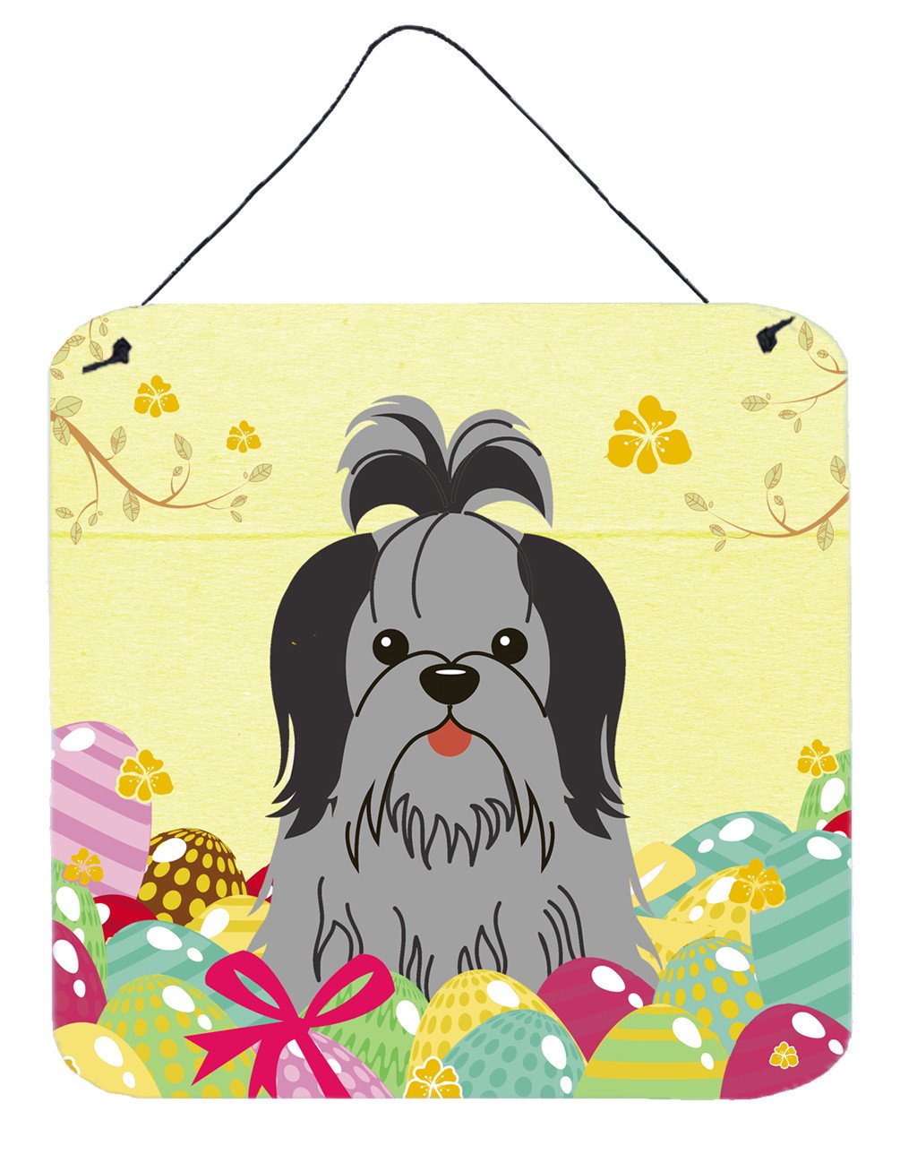 Easter Eggs Shih Tzu Black Silver Wall or Door Hanging Prints BB6089DS66 by Caroline's Treasures