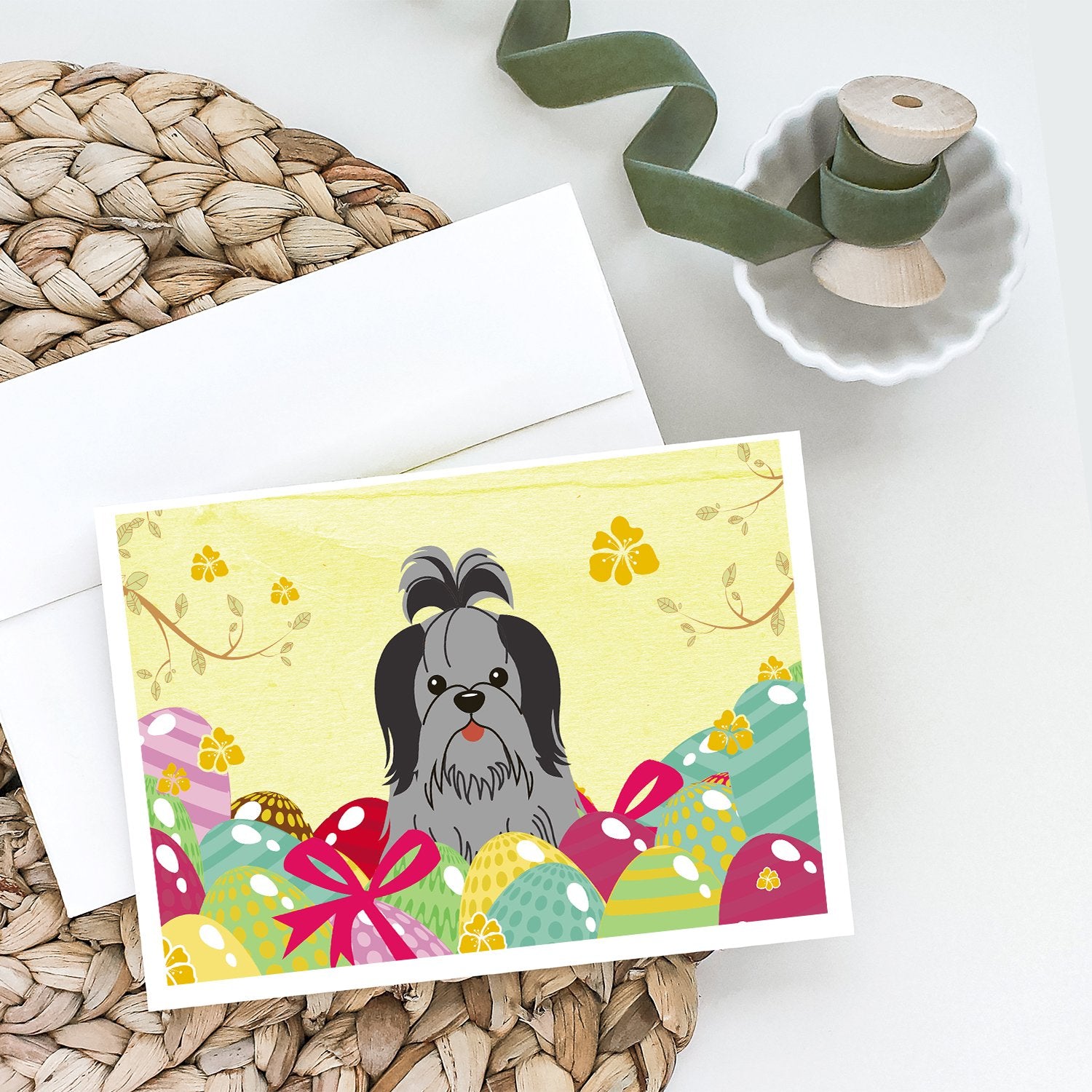 Buy this Easter Eggs Shih Tzu Black Silver Greeting Cards and Envelopes Pack of 8