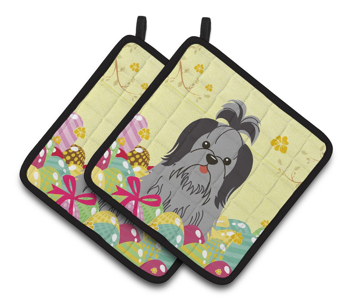 Easter Eggs Shih Tzu Black Silver Pair of Pot Holders BB6089PTHD by Caroline&#39;s Treasures