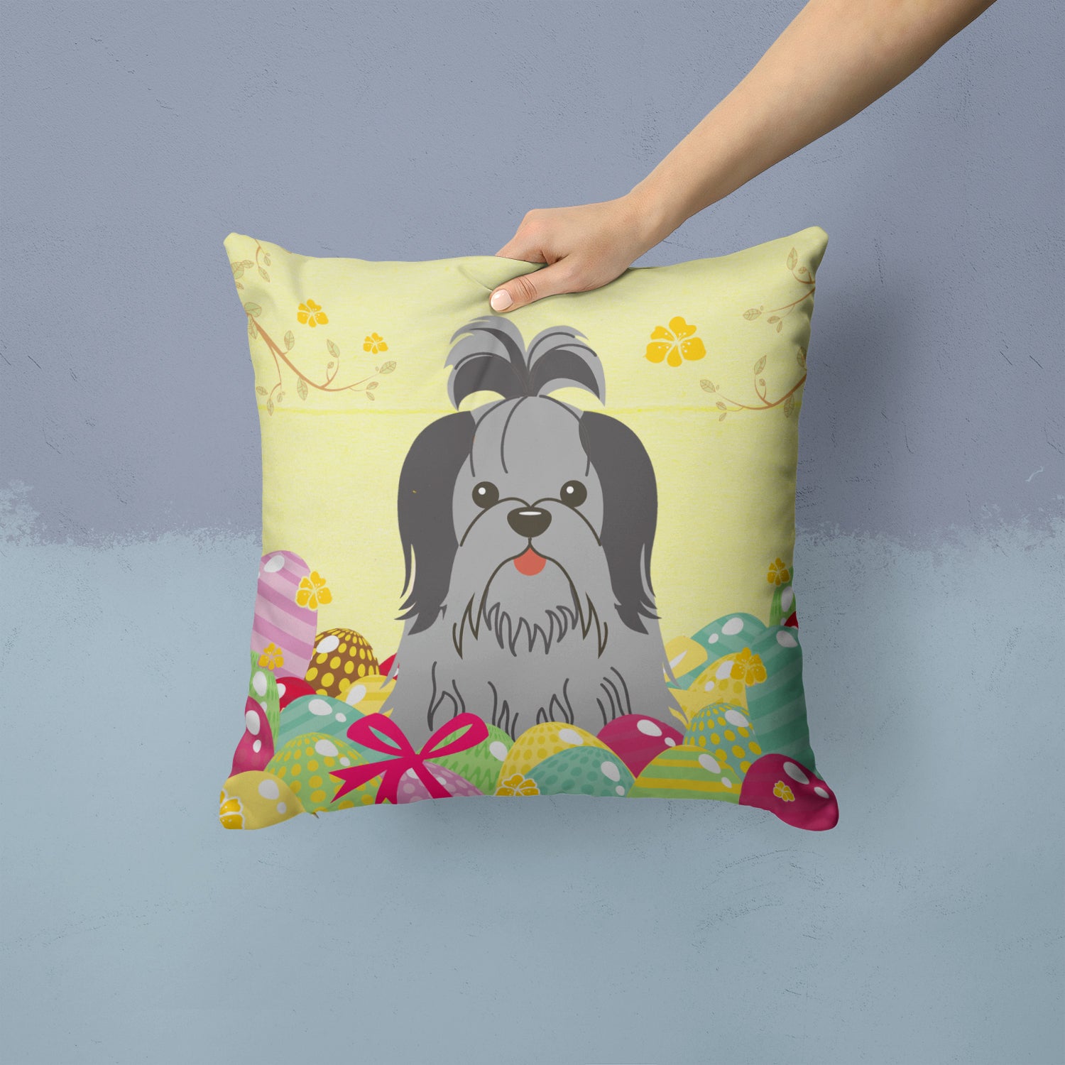 Easter Eggs Shih Tzu Black Silver Fabric Decorative Pillow BB6089PW1414 - the-store.com