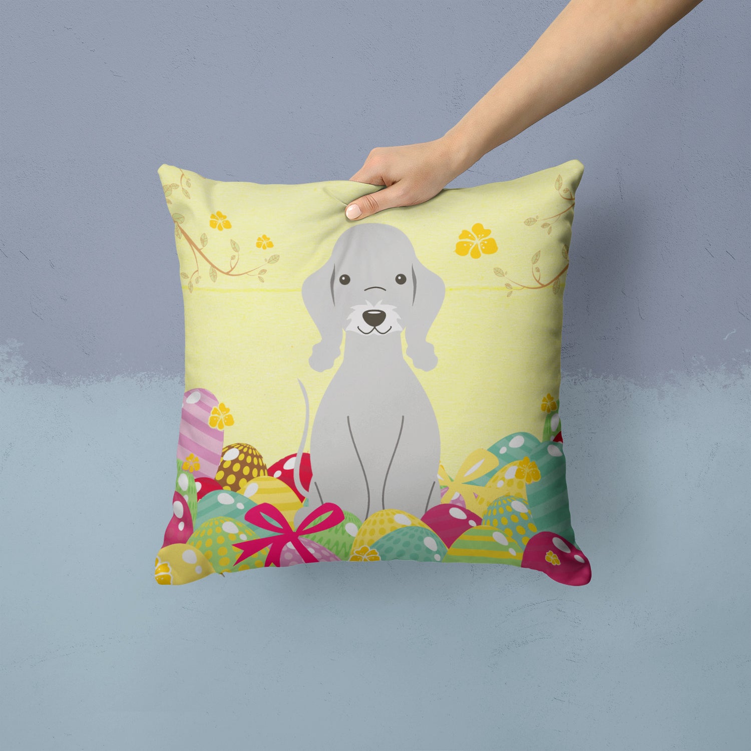 Easter Eggs Bedlington Terrier Blue Fabric Decorative Pillow BB6090PW1414 - the-store.com