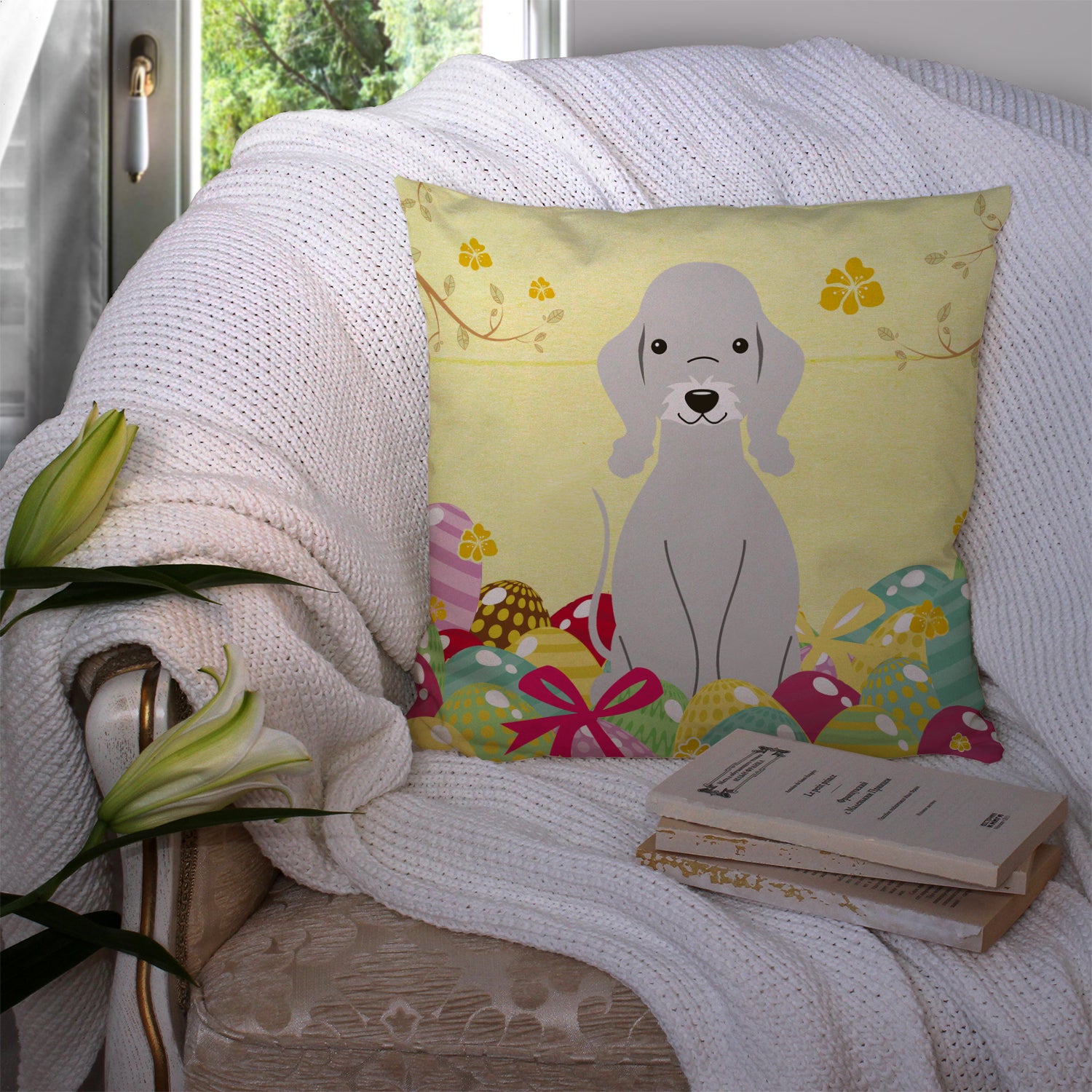 Easter Eggs Bedlington Terrier Blue Fabric Decorative Pillow BB6090PW1414 - the-store.com