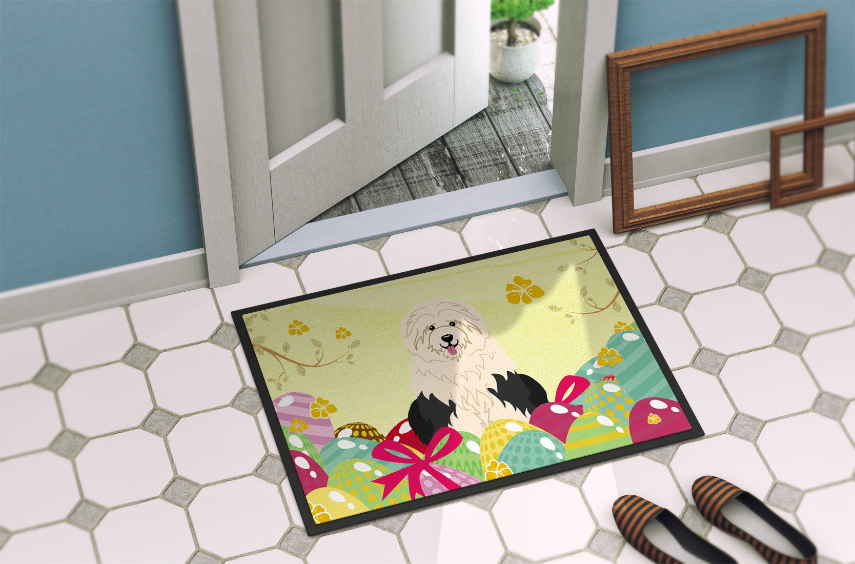 Easter Eggs Old English Sheepdog Indoor or Outdoor Mat 18x27 BB6096MAT - the-store.com