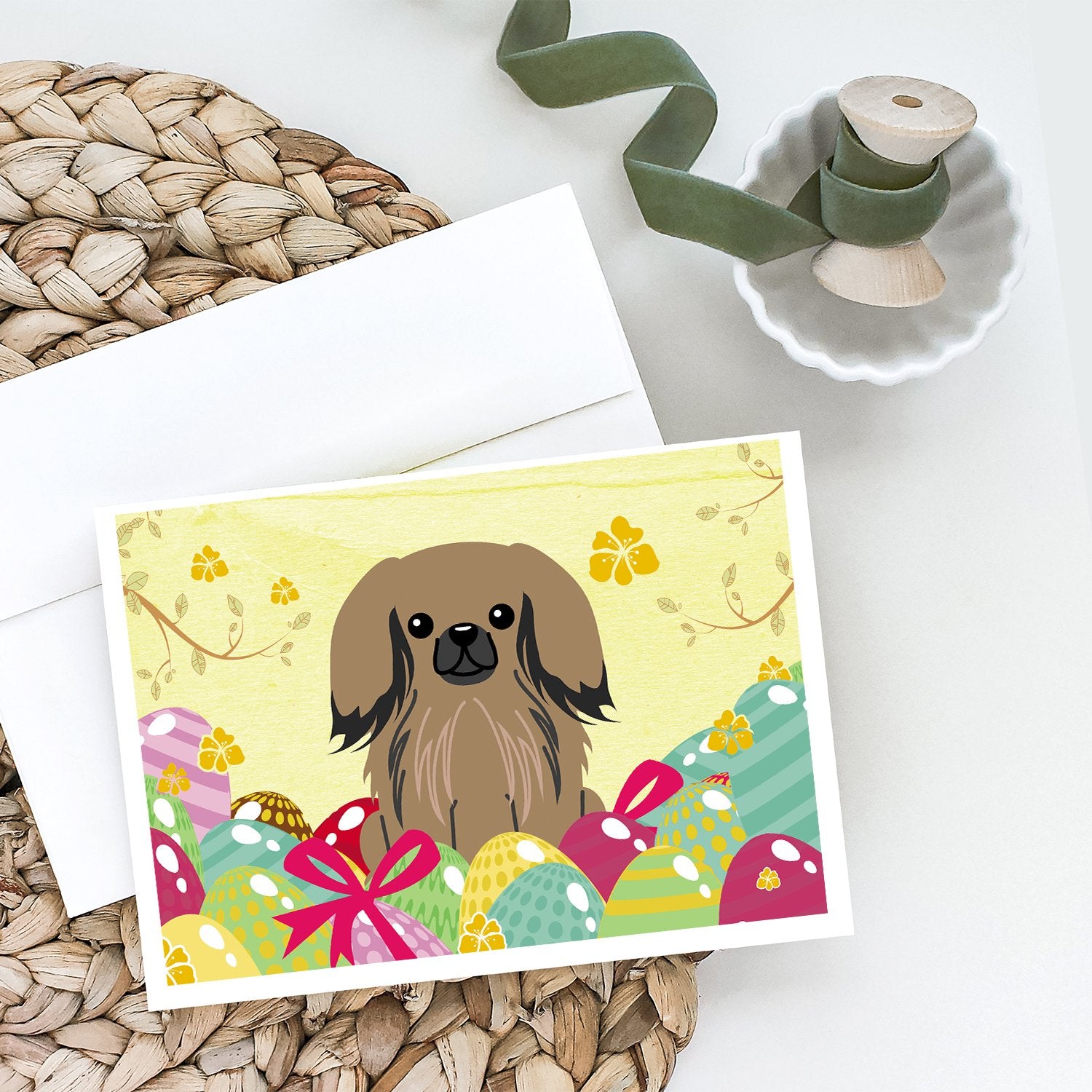 Buy this Easter Eggs Pekingese Tan Greeting Cards and Envelopes Pack of 8