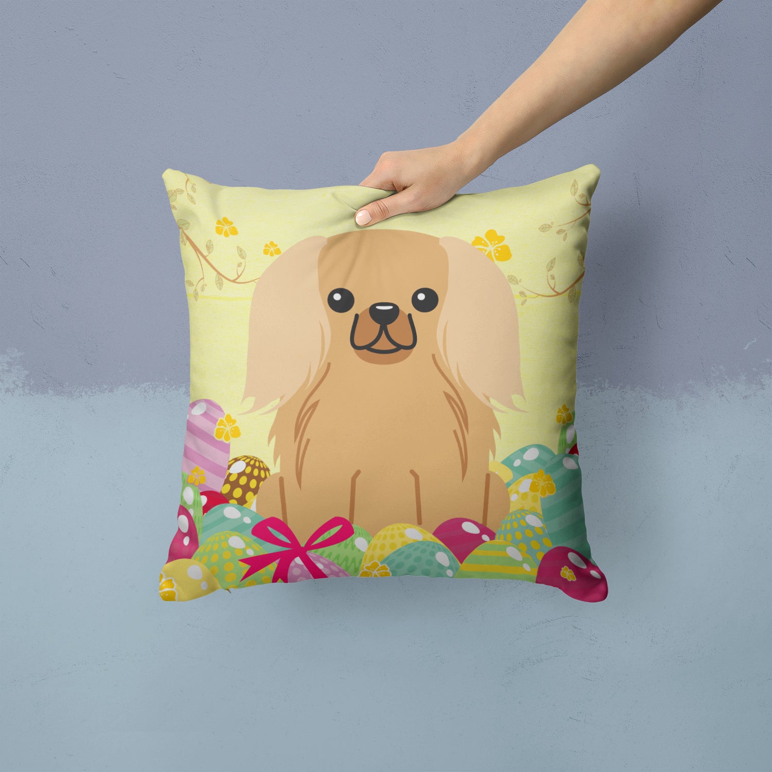 Easter Eggs Pekingnese Fawn Sable Fabric Decorative Pillow BB6104PW1414 - the-store.com