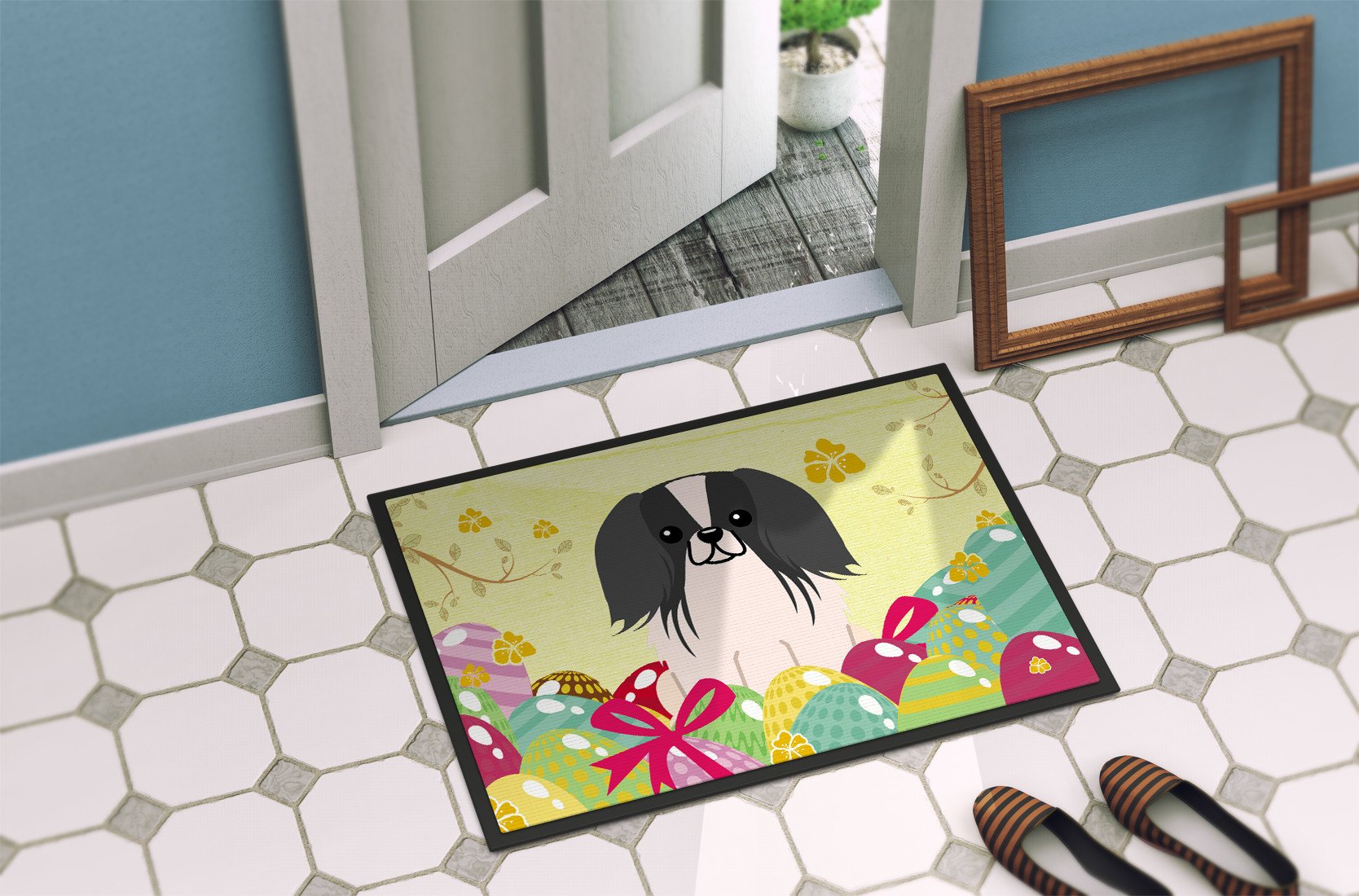 Easter Eggs Pekingnese Black White Indoor or Outdoor Mat 24x36 BB6105JMAT by Caroline's Treasures