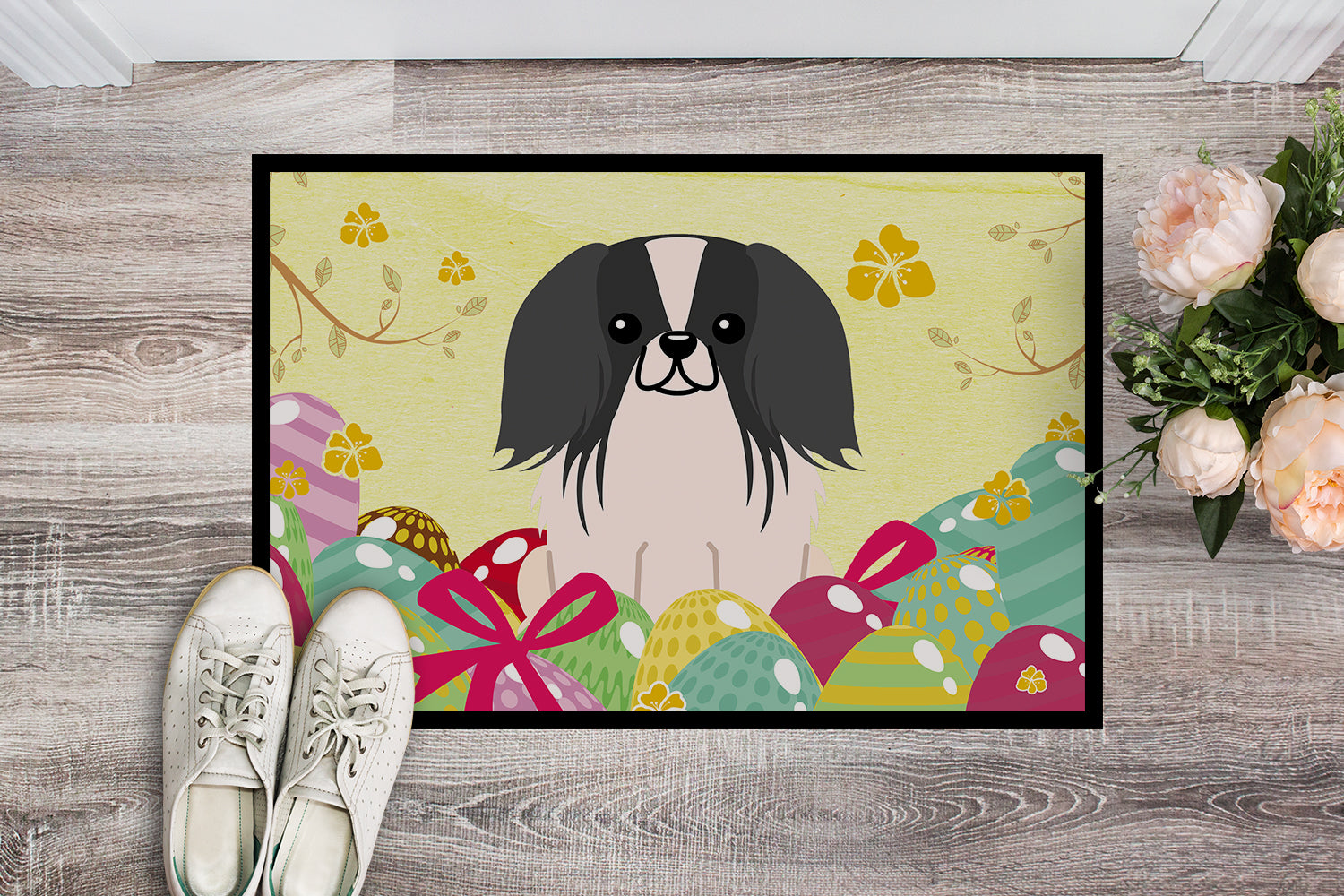 Easter Eggs Pekingnese Black White Indoor or Outdoor Mat 18x27 BB6105MAT - the-store.com