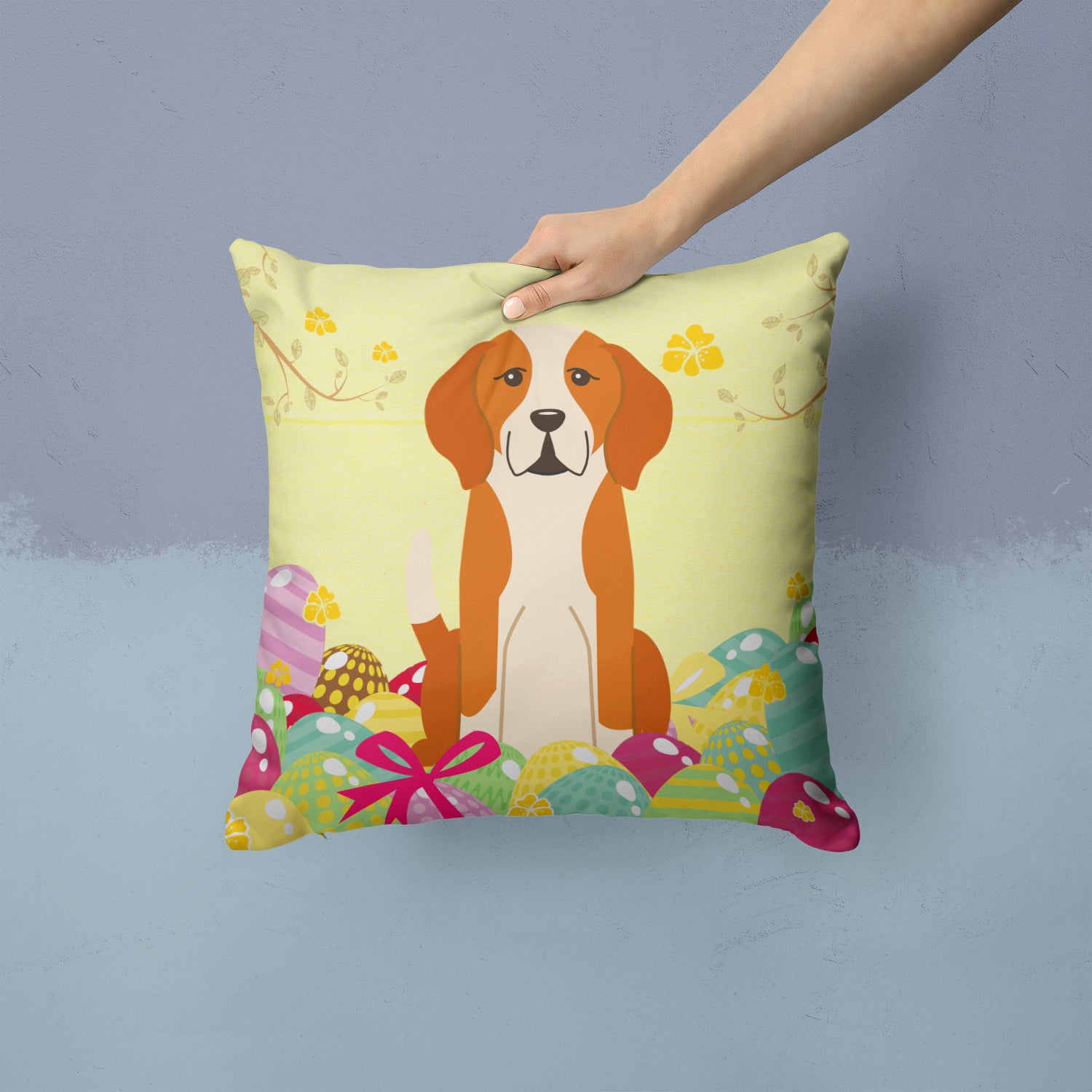 Easter Eggs English Foxhound Fabric Decorative Pillow BB6110PW1414 - the-store.com