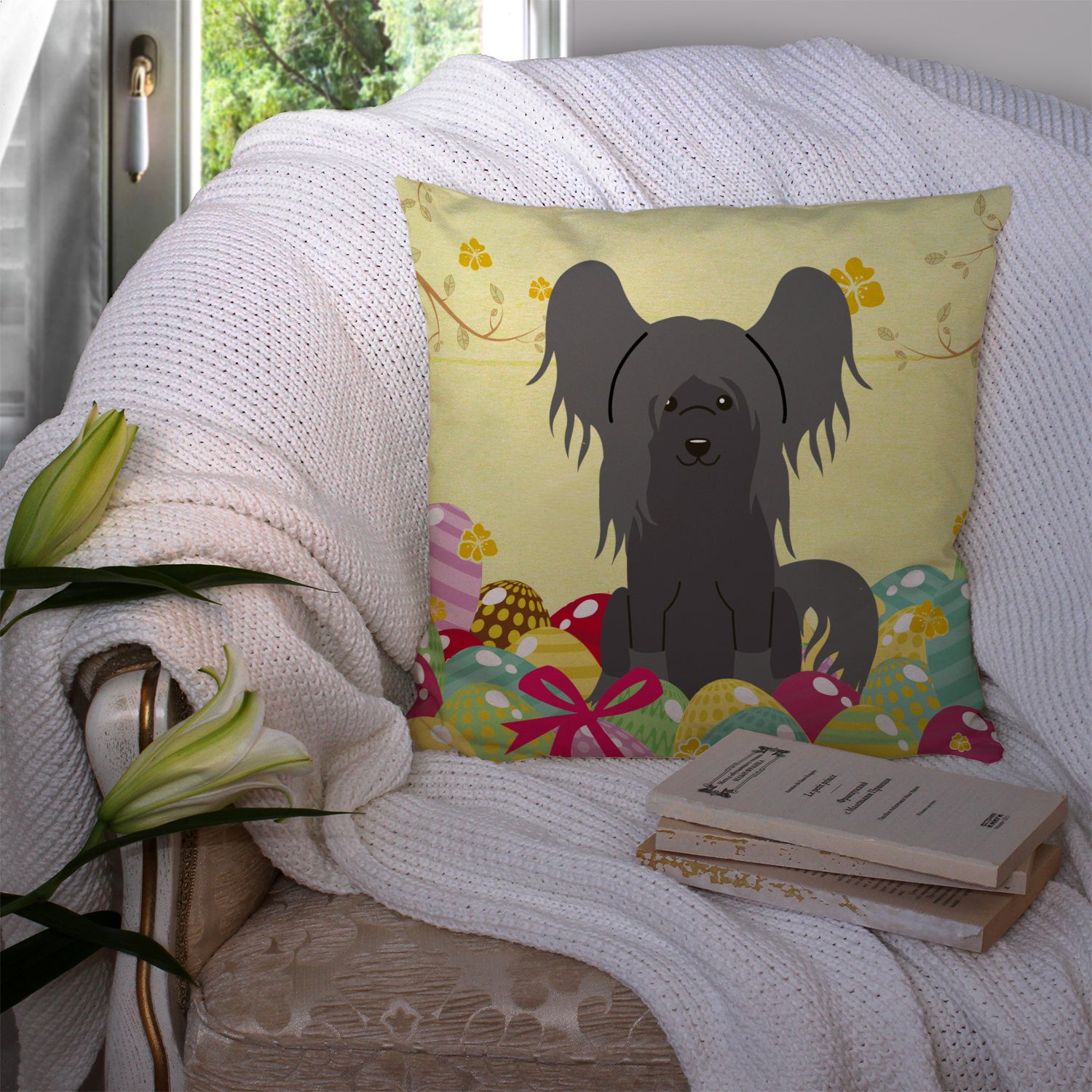 Easter Eggs Chinese Crested Black Fabric Decorative Pillow BB6112PW1414 - the-store.com