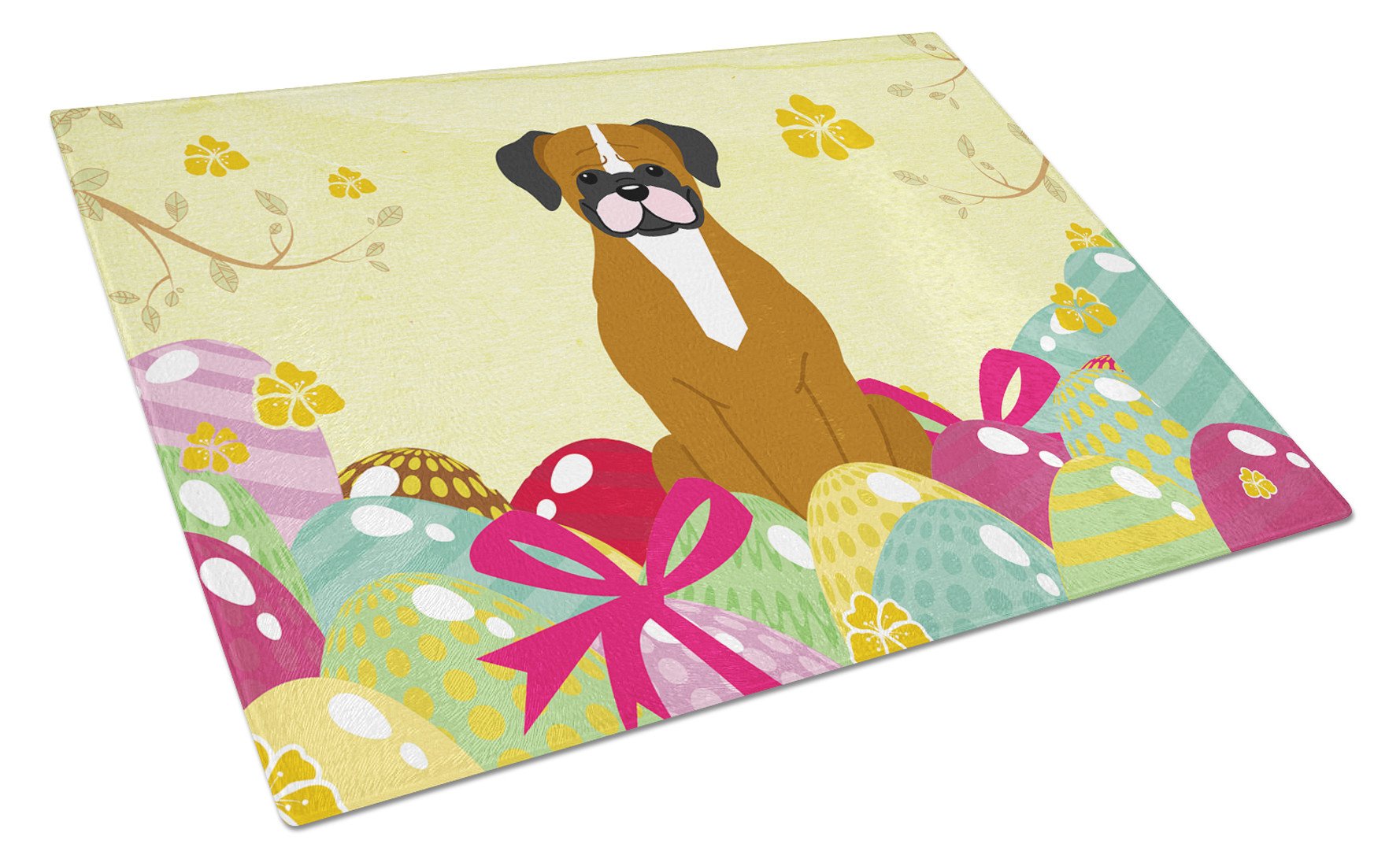 Easter Eggs Flashy Fawn Boxer Glass Cutting Board Large BB6116LCB by Caroline's Treasures