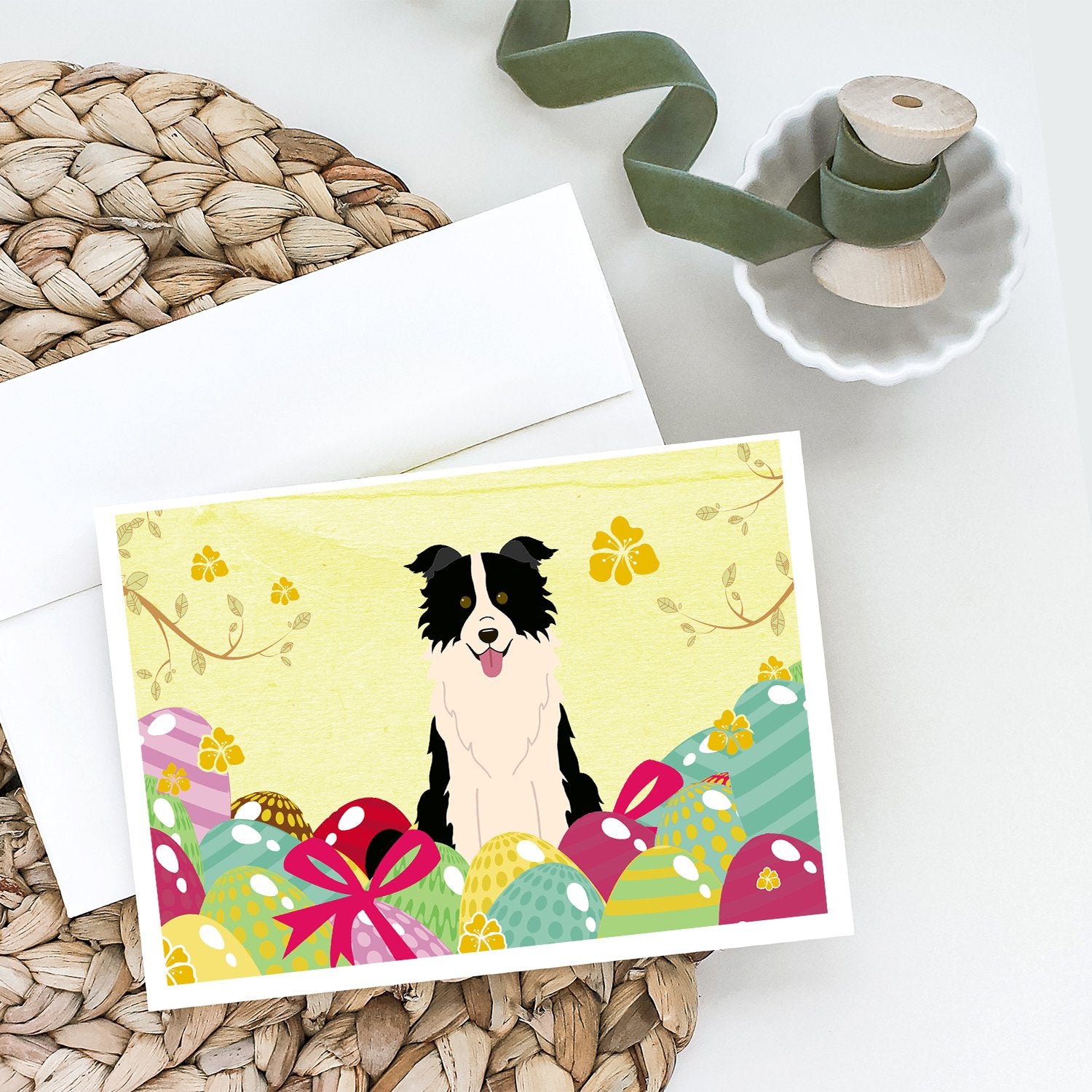 Easter Eggs Border Collie Black White Greeting Cards and Envelopes Pack of 8 - the-store.com