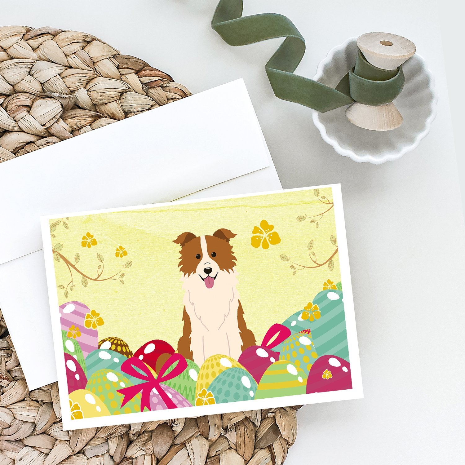 Buy this Easter Eggs Border Collie Red White Greeting Cards and Envelopes Pack of 8