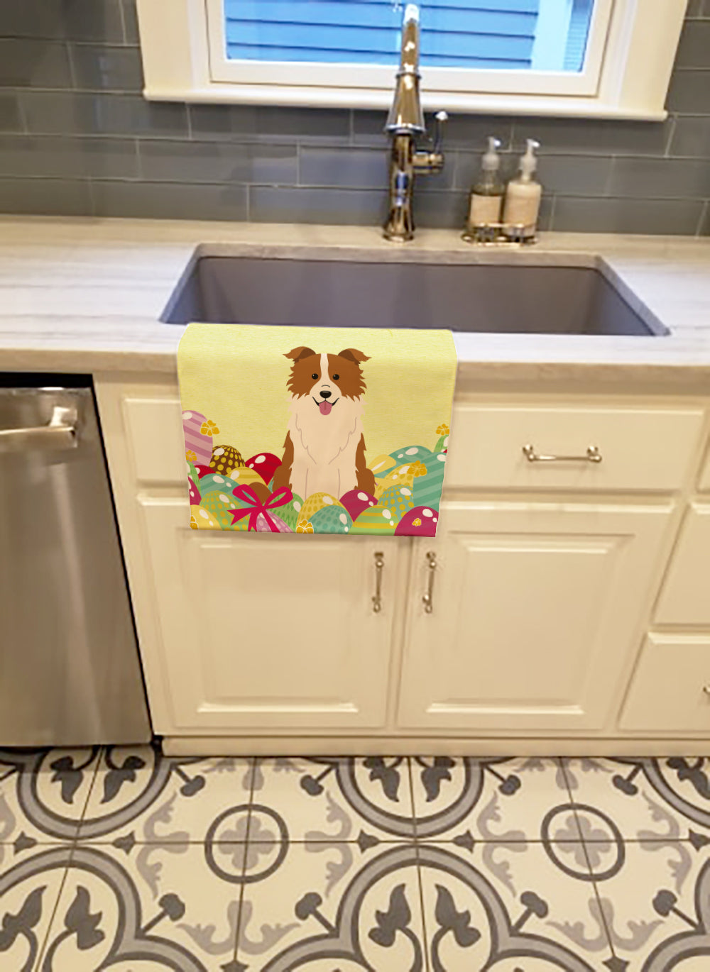 Easter Eggs Border Collie Red White Kitchen Towel BB6119KTWL - the-store.com