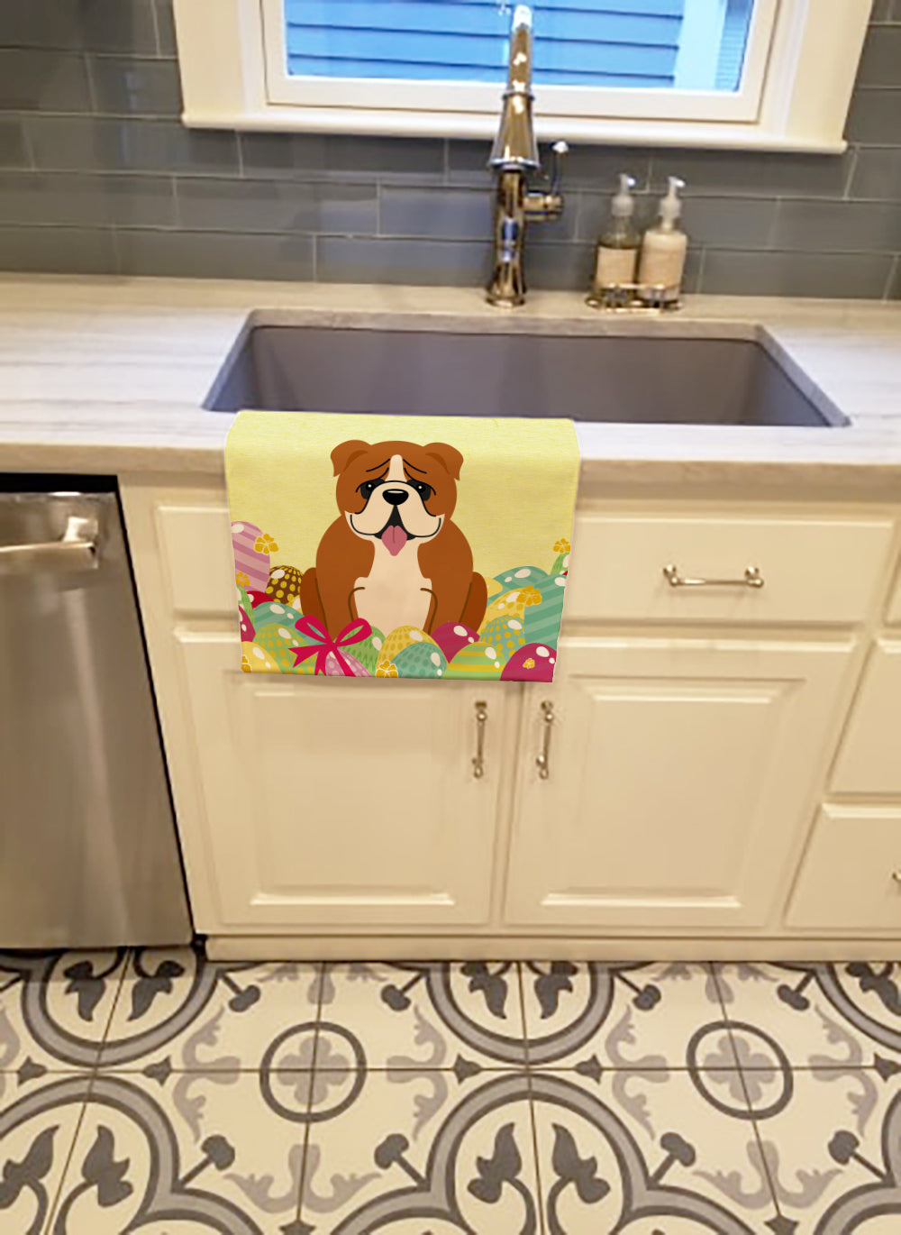 Easter Eggs English Bulldog Red White Kitchen Towel BB6120KTWL - the-store.com