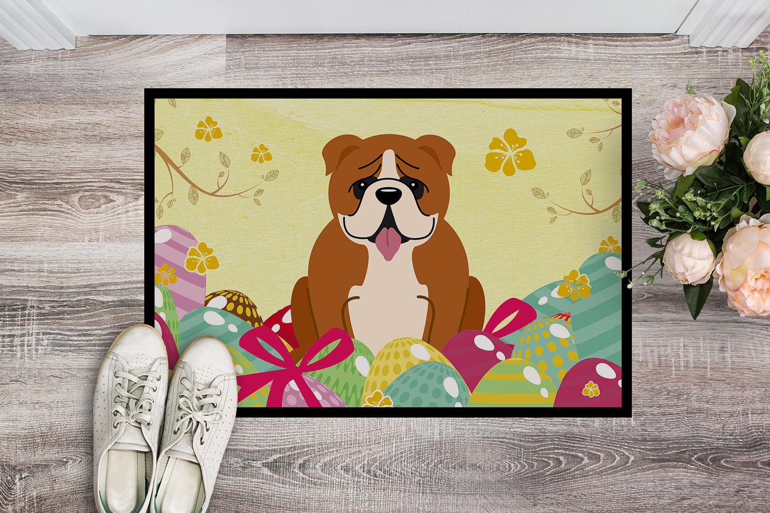 Easter Eggs English Bulldog Red White Indoor or Outdoor Mat 18x27 BB6120MAT - the-store.com