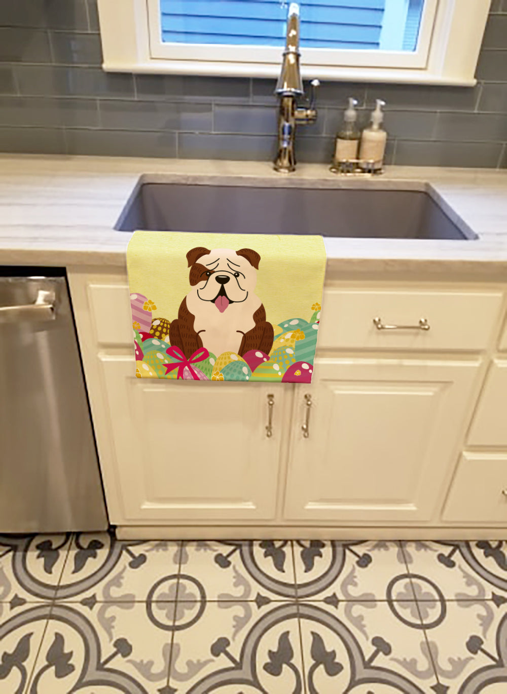 Easter Eggs English Bulldog Brindle White Kitchen Towel BB6121KTWL - the-store.com