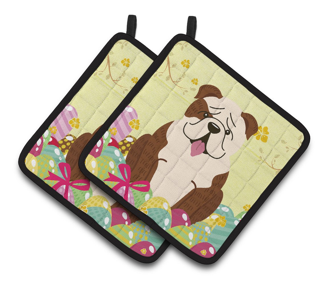 Easter Eggs English Bulldog Brindle White Pair of Pot Holders BB6121PTHD by Caroline's Treasures