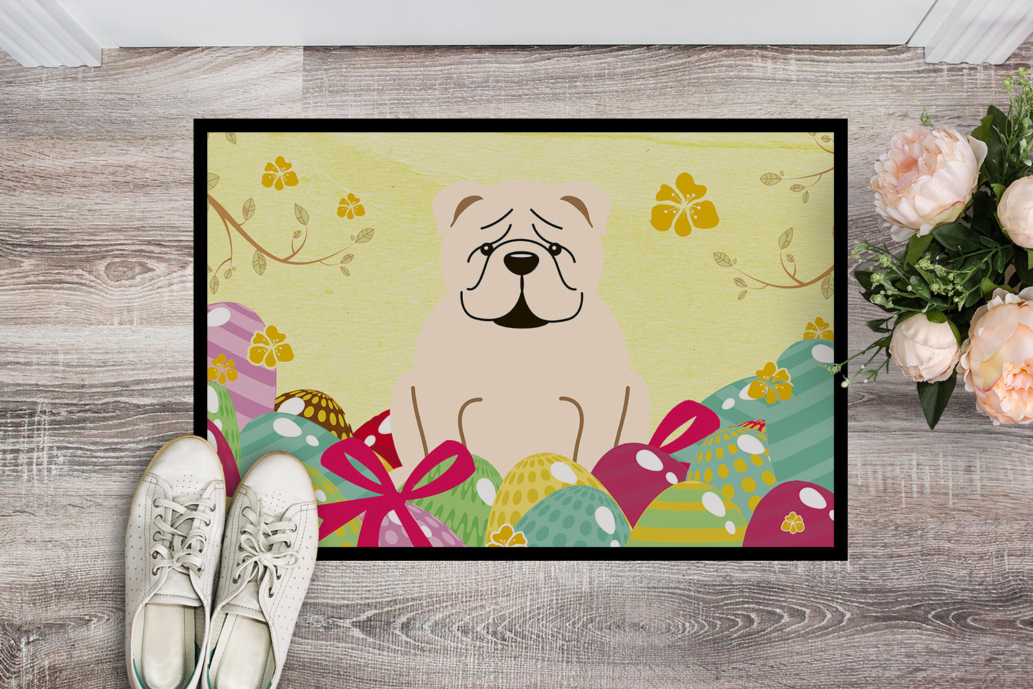 Easter Eggs English Bulldog White Indoor or Outdoor Mat 18x27 BB6123MAT - the-store.com