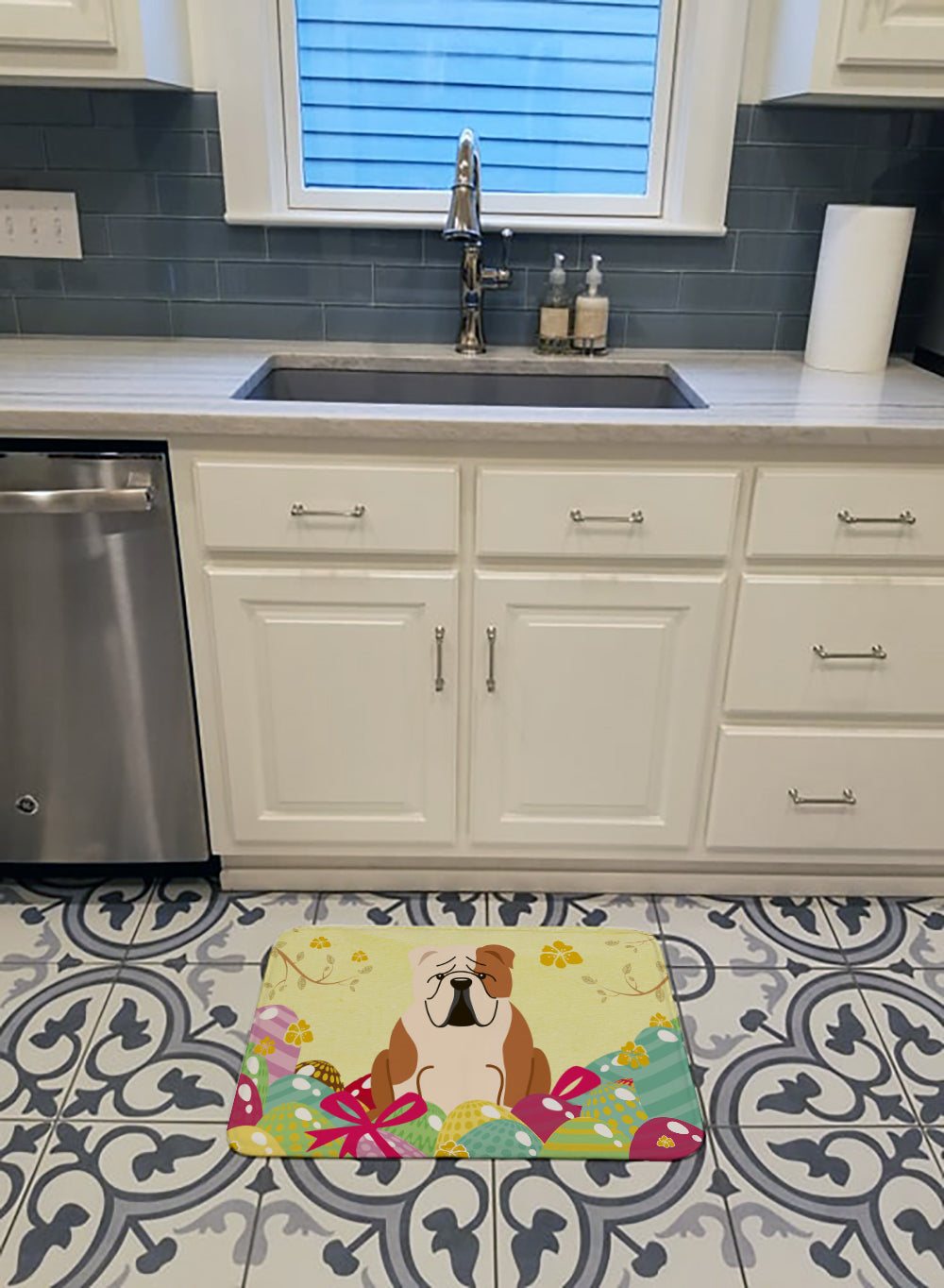 Easter Eggs English Bulldog Fawn White Machine Washable Memory Foam Mat BB6125RUG - the-store.com