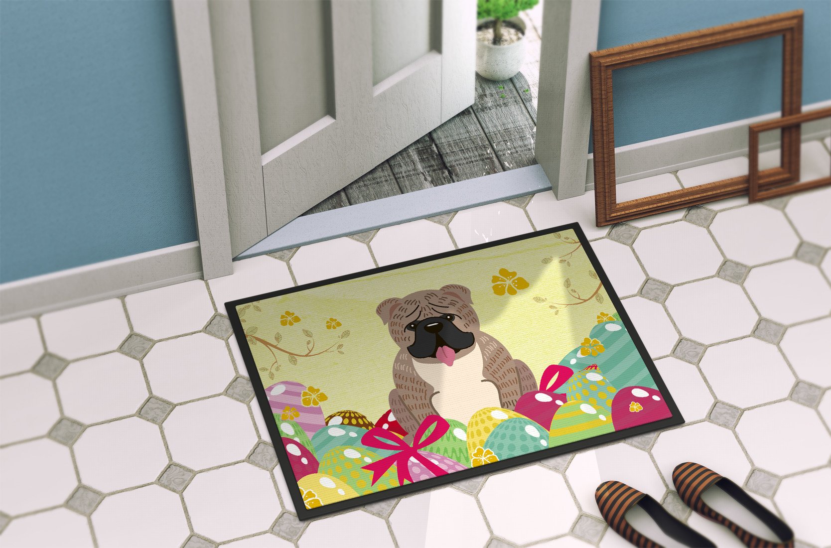 Easter Eggs English Bulldog Grey Brindle  Indoor or Outdoor Mat 24x36 BB6126JMAT by Caroline's Treasures