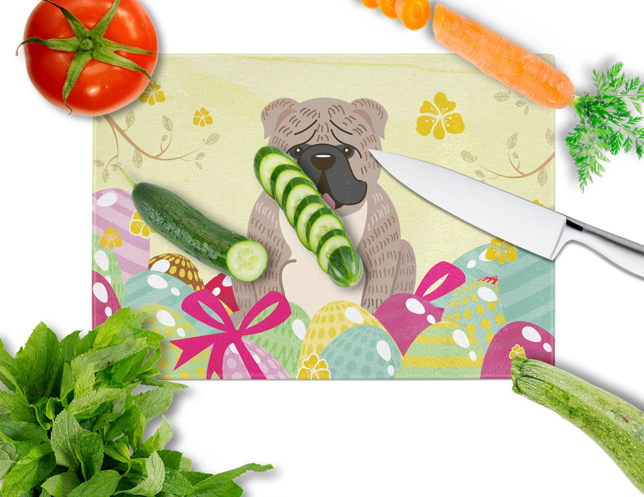 Easter Eggs English Bulldog Grey Brindle  Glass Cutting Board Large BB6126LCB by Caroline's Treasures