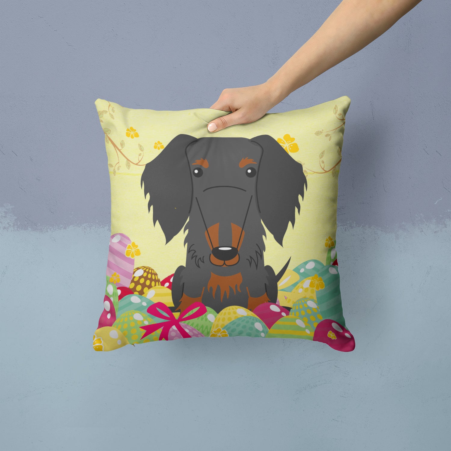 Easter Eggs Wire Haired Dachshund Black Tan Fabric Decorative Pillow BB6127PW1414 - the-store.com