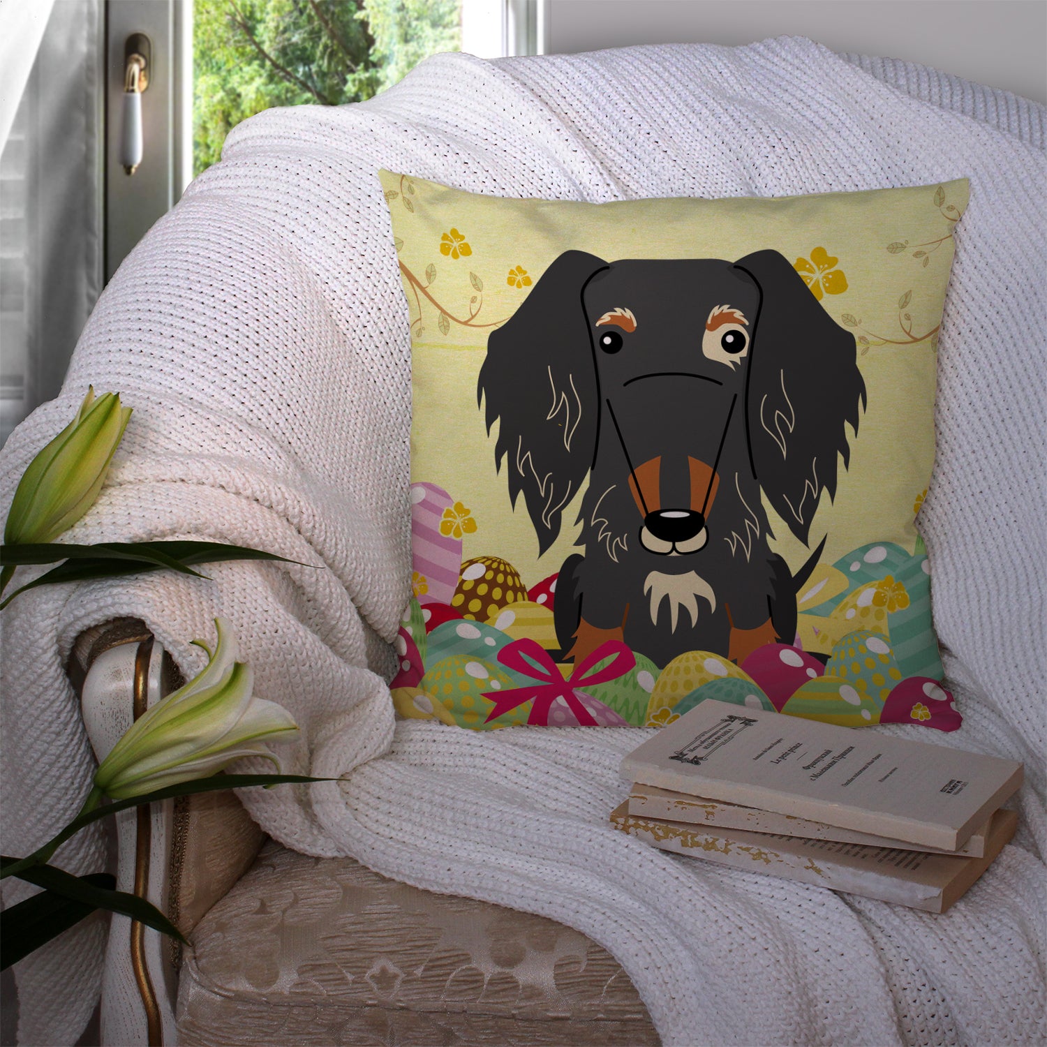 Easter Eggs Wire Haired Dachshund Dapple Fabric Decorative Pillow BB6128PW1414 - the-store.com