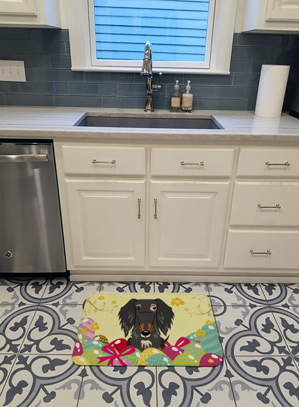 Easter Eggs Wire Haired Dachshund Dapple Machine Washable Memory Foam Mat BB6128RUG - the-store.com