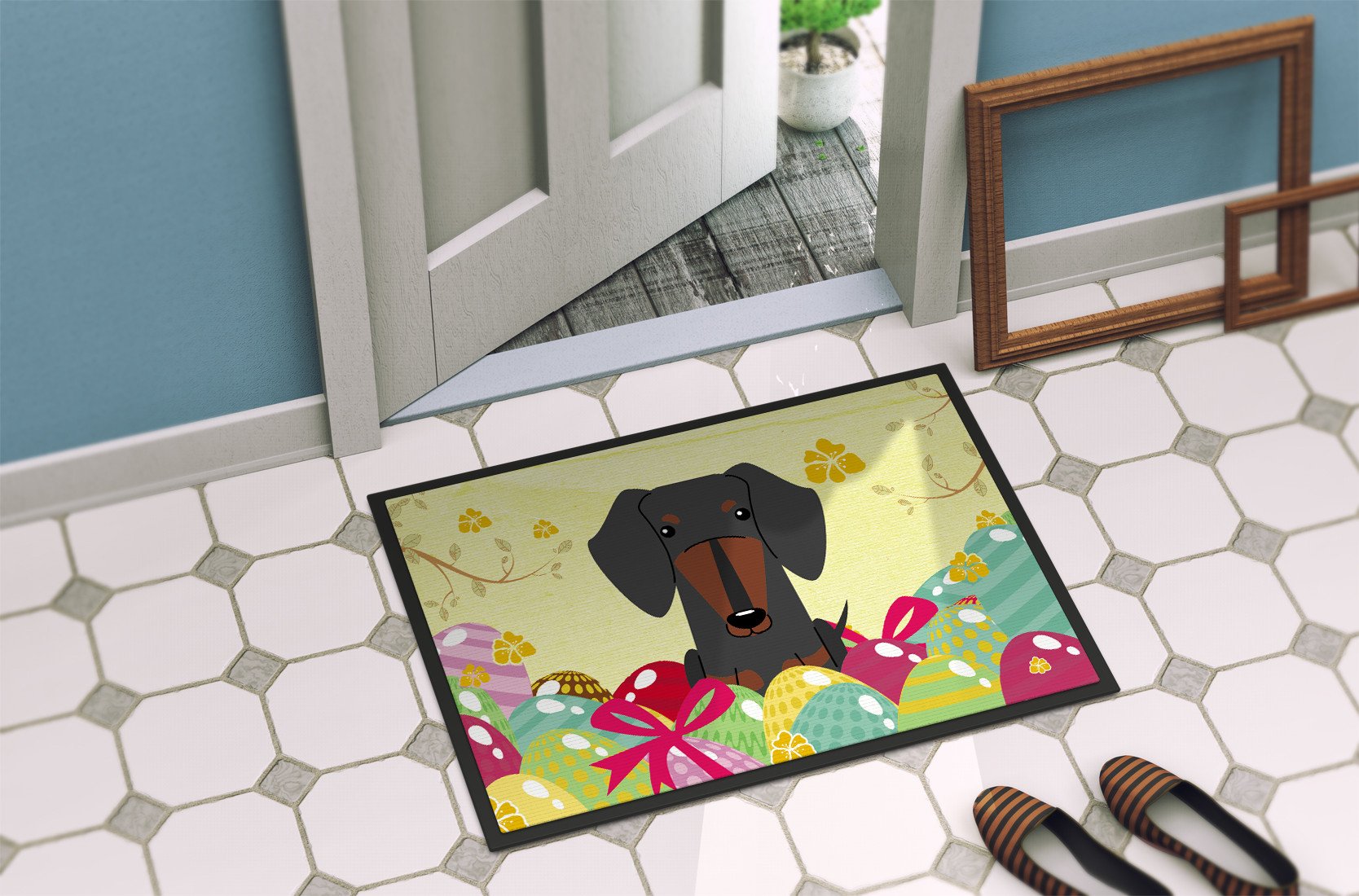 Easter Eggs Dachshund Black Tan Indoor or Outdoor Mat 24x36 BB6132JMAT by Caroline's Treasures