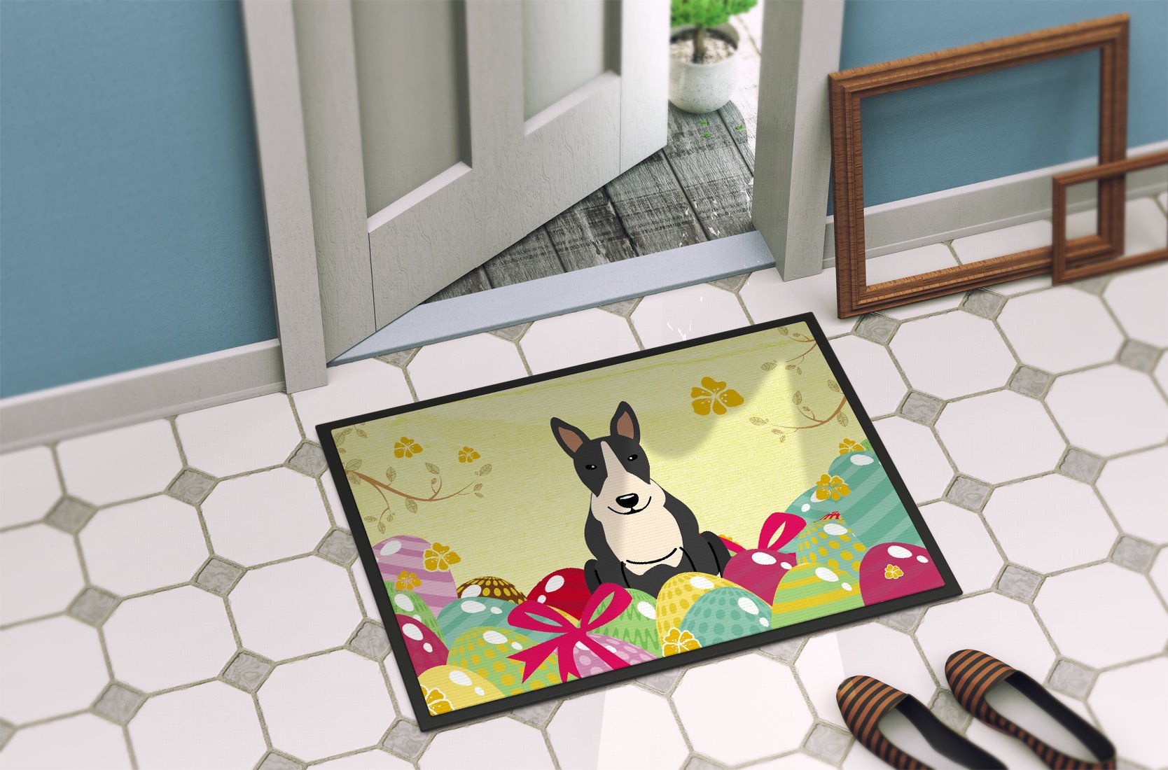 Easter Eggs Bull Terrier Black White Indoor or Outdoor Mat 24x36 BB6133JMAT by Caroline's Treasures