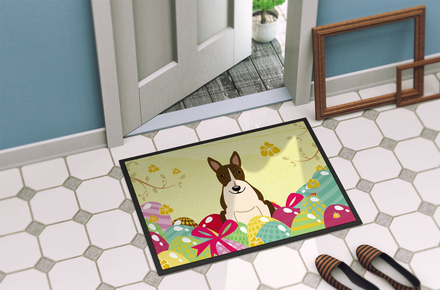 Easter Eggs Bull Terrier Dark Brindle Indoor or Outdoor Mat 24x36 BB6136JMAT by Caroline's Treasures