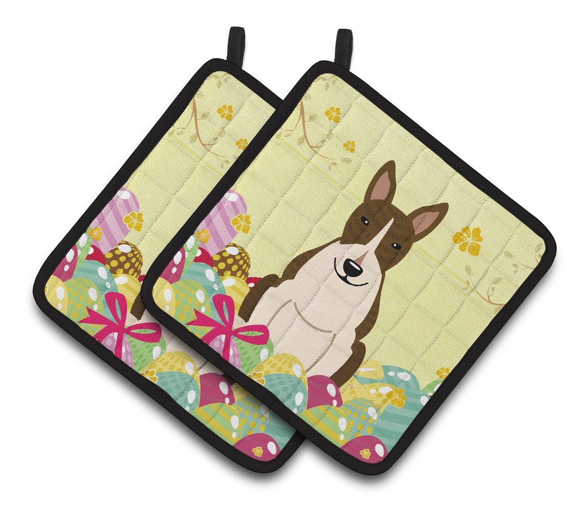 Easter Eggs Bull Terrier Dark Brindle Pair of Pot Holders BB6136PTHD by Caroline's Treasures