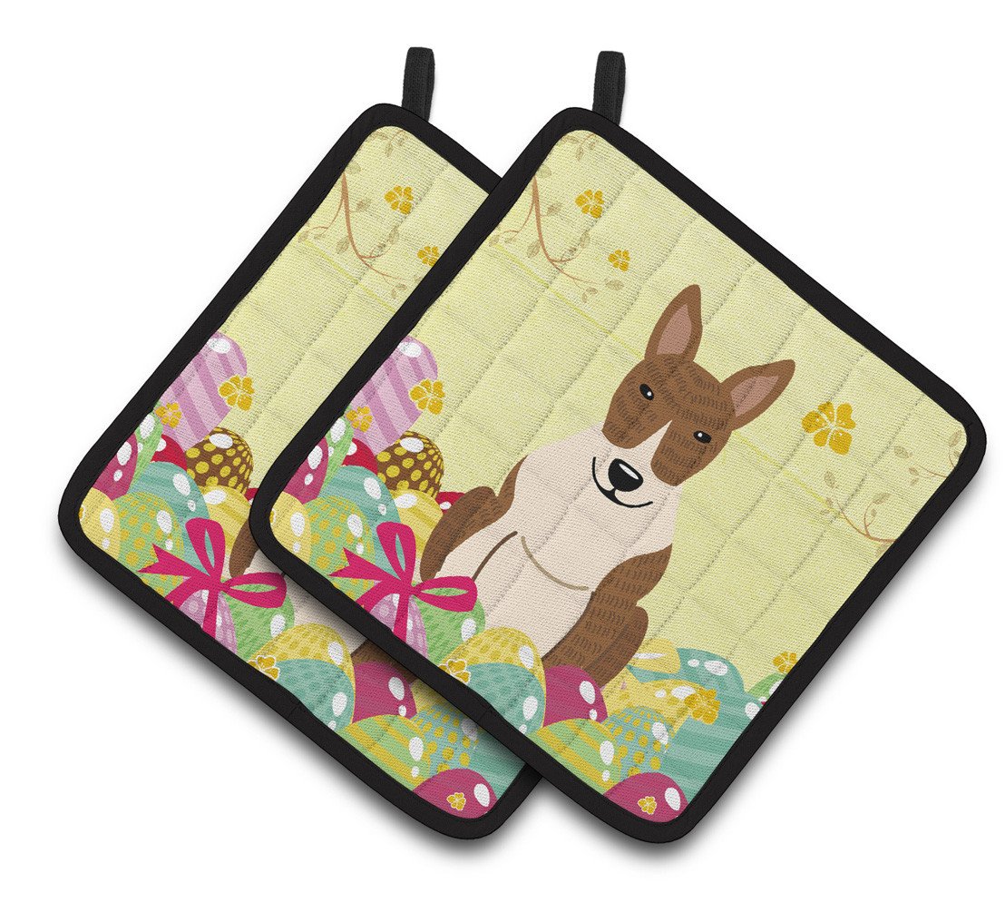 Easter Eggs Bull Terrier Brindle Pair of Pot Holders BB6137PTHD by Caroline's Treasures