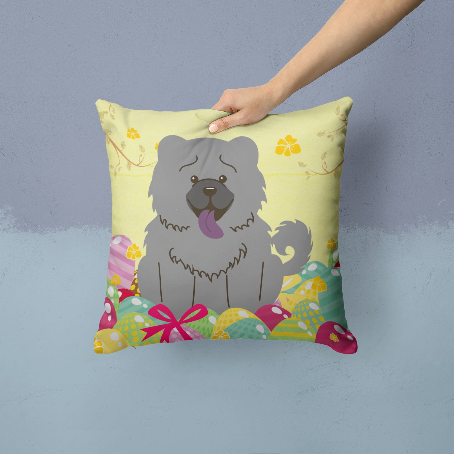 Easter Eggs Chow Chow Blue Fabric Decorative Pillow BB6139PW1414 - the-store.com