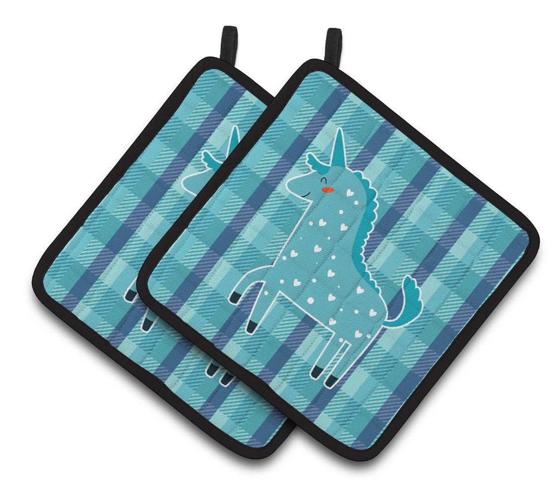 Unicorn in Plaid Pair of Pot Holders BB6740PTHD by Caroline&#39;s Treasures