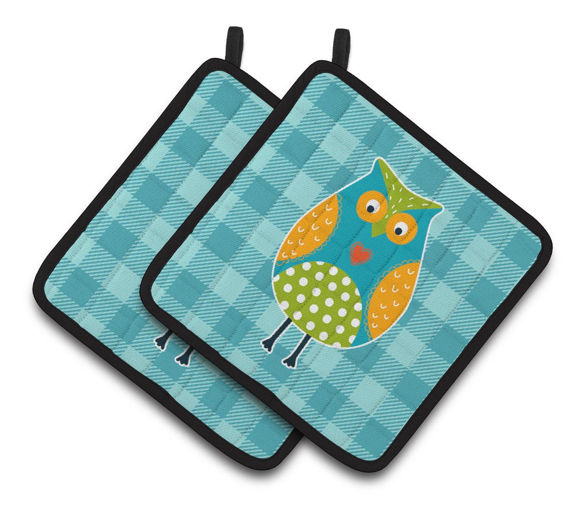 Owl on Blue Plaid Pair of Pot Holders BB6755PTHD by Caroline&#39;s Treasures