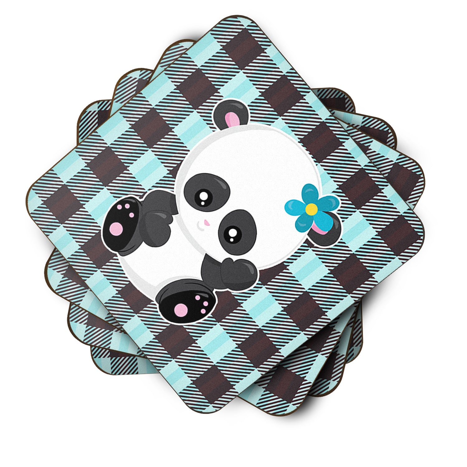 Panda on Plaid Foam Coaster Set of 4 BB6800FC - the-store.com