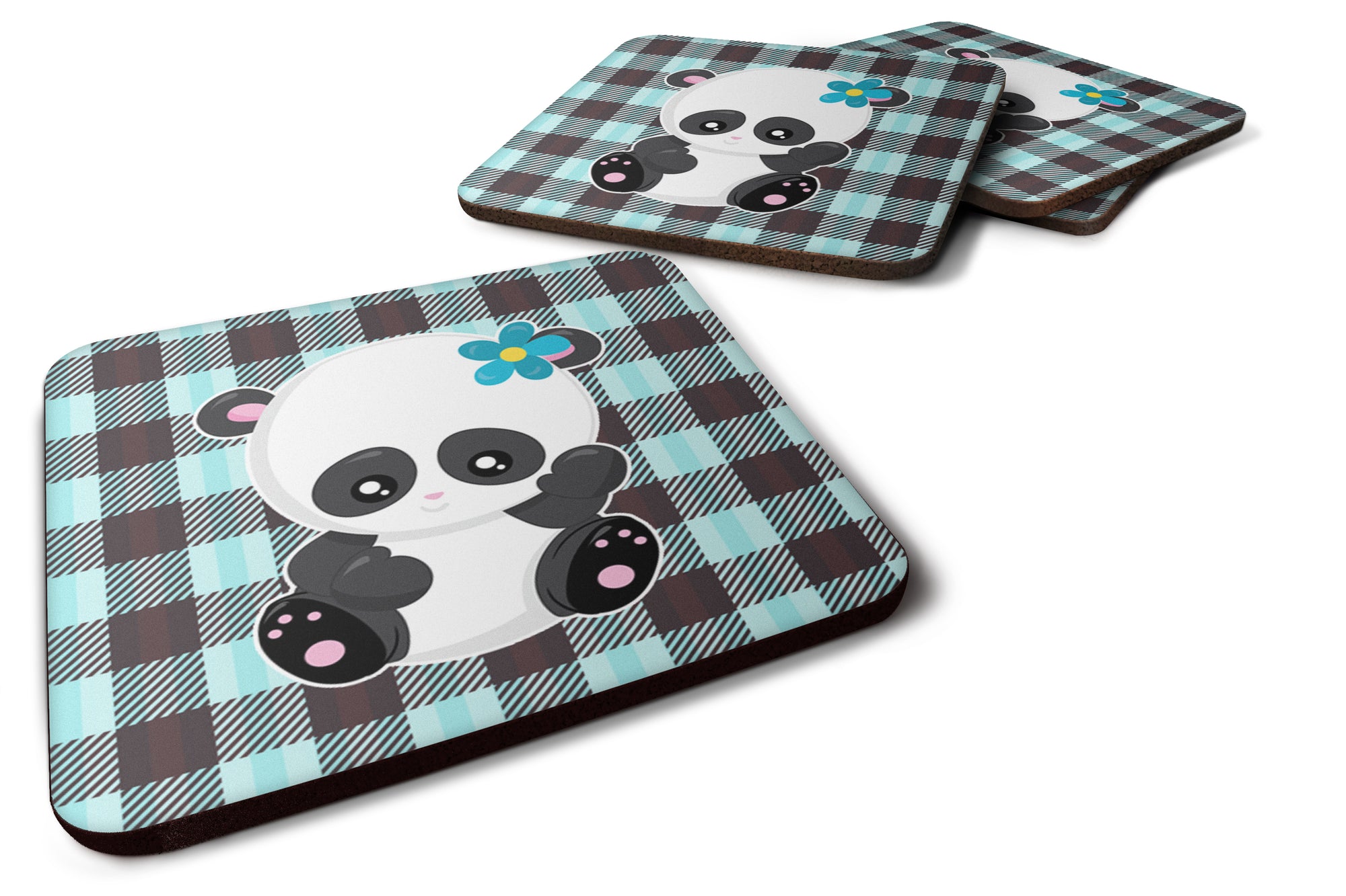 Panda on Plaid Foam Coaster Set of 4 BB6800FC - the-store.com