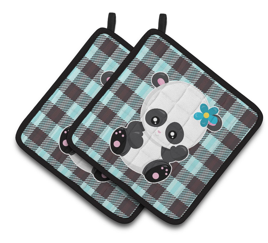 Panda on Plaid Pair of Pot Holders BB6800PTHD by Caroline's Treasures