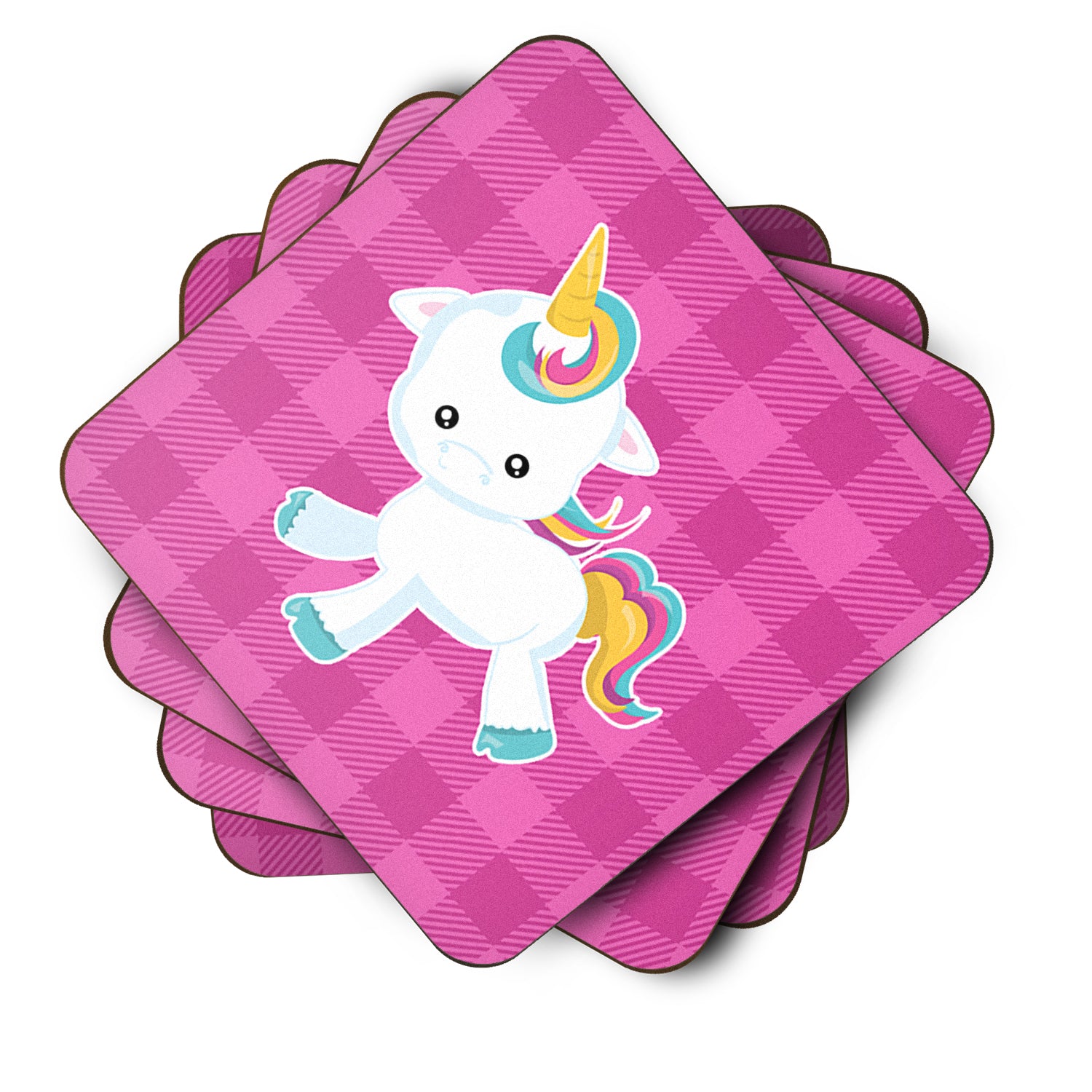 Pink Plaid Unicorn Foam Coaster Set of 4 BB6807FC - the-store.com