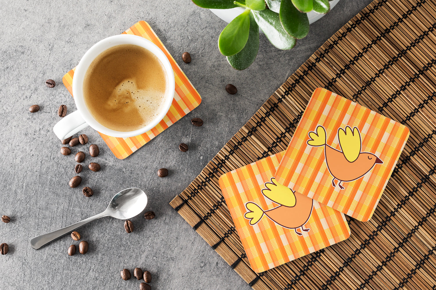 Bird on Orange Plaid Foam Coaster Set of 4 BB6832FC - the-store.com