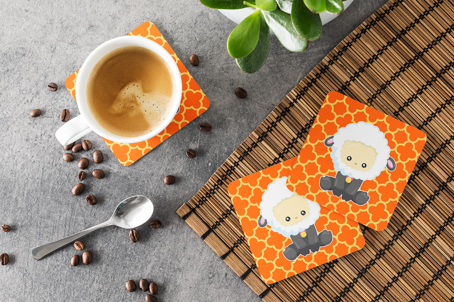 Sheep on Orange Quatrafoil Foam Coaster Set of 4 BB6872FC - the-store.com