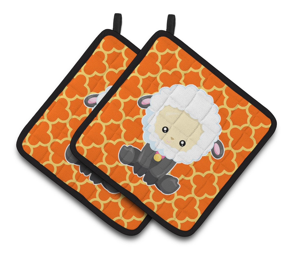 Sheep on Orange Quatrafoil Pair of Pot Holders BB6872PTHD by Caroline&#39;s Treasures