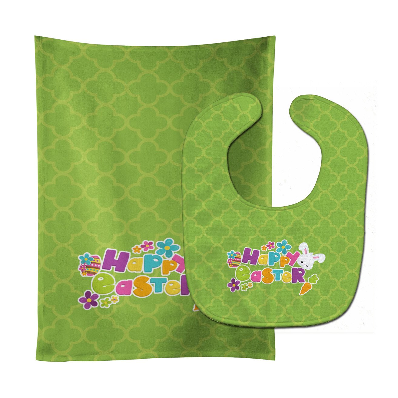 Happy Easter Green Quatrafoil Baby Bib & Burp Cloth BB6900STBU by Caroline's Treasures