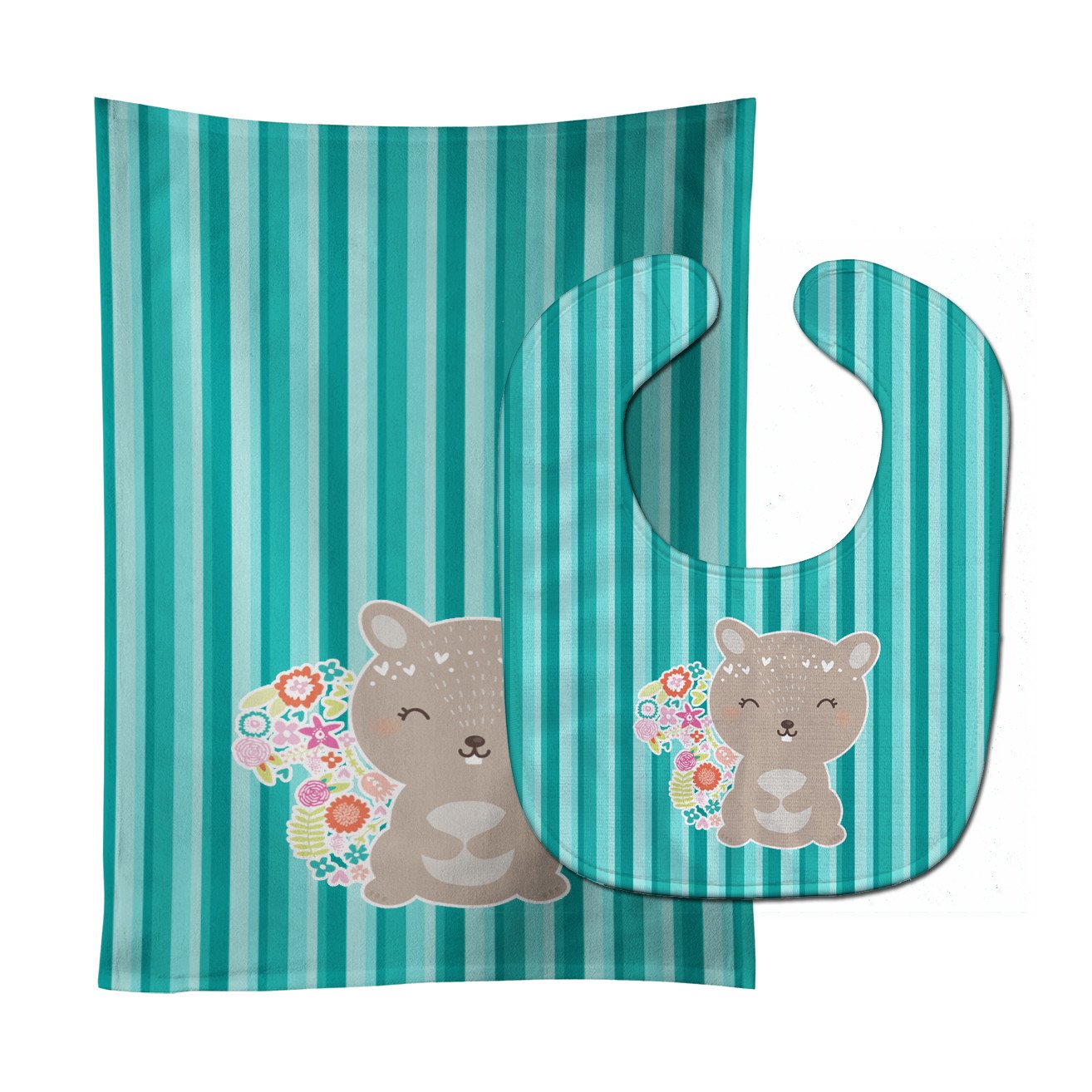 Flowered Squirrel Baby Bib & Burp Cloth BB6936STBU by Caroline's Treasures