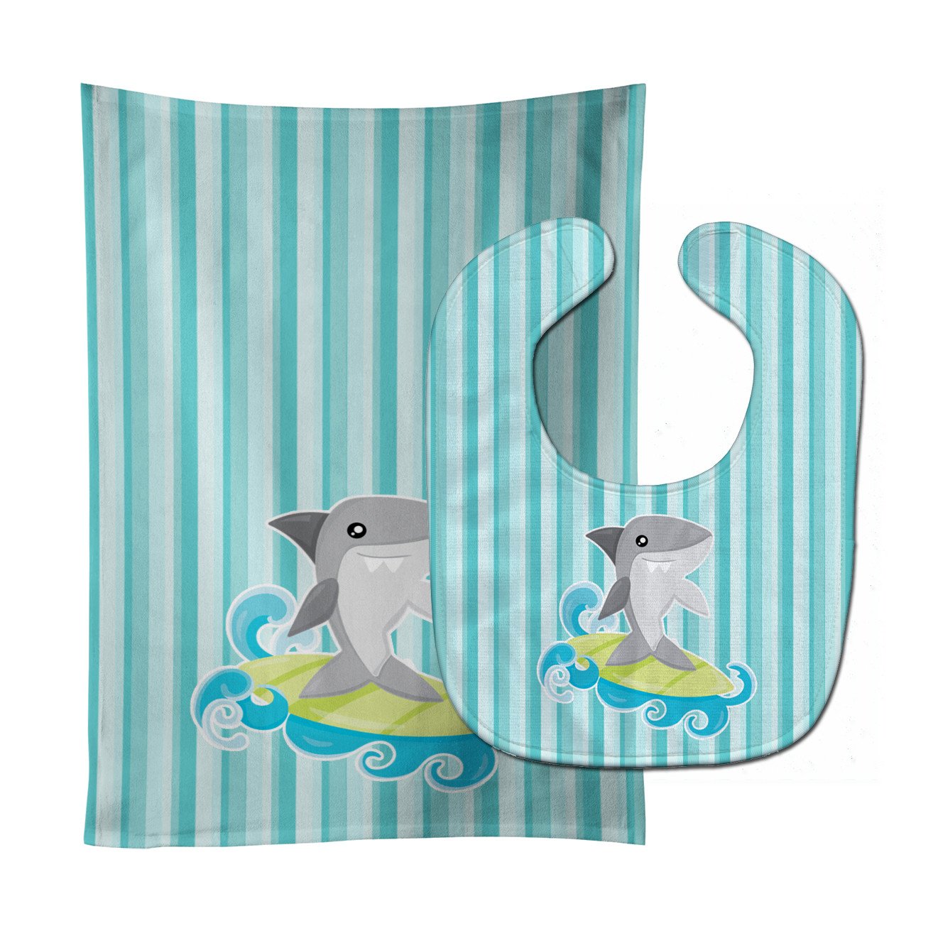 Surfin Shark on Stripes Baby Bib & Burp Cloth BB6942STBU by Caroline's Treasures