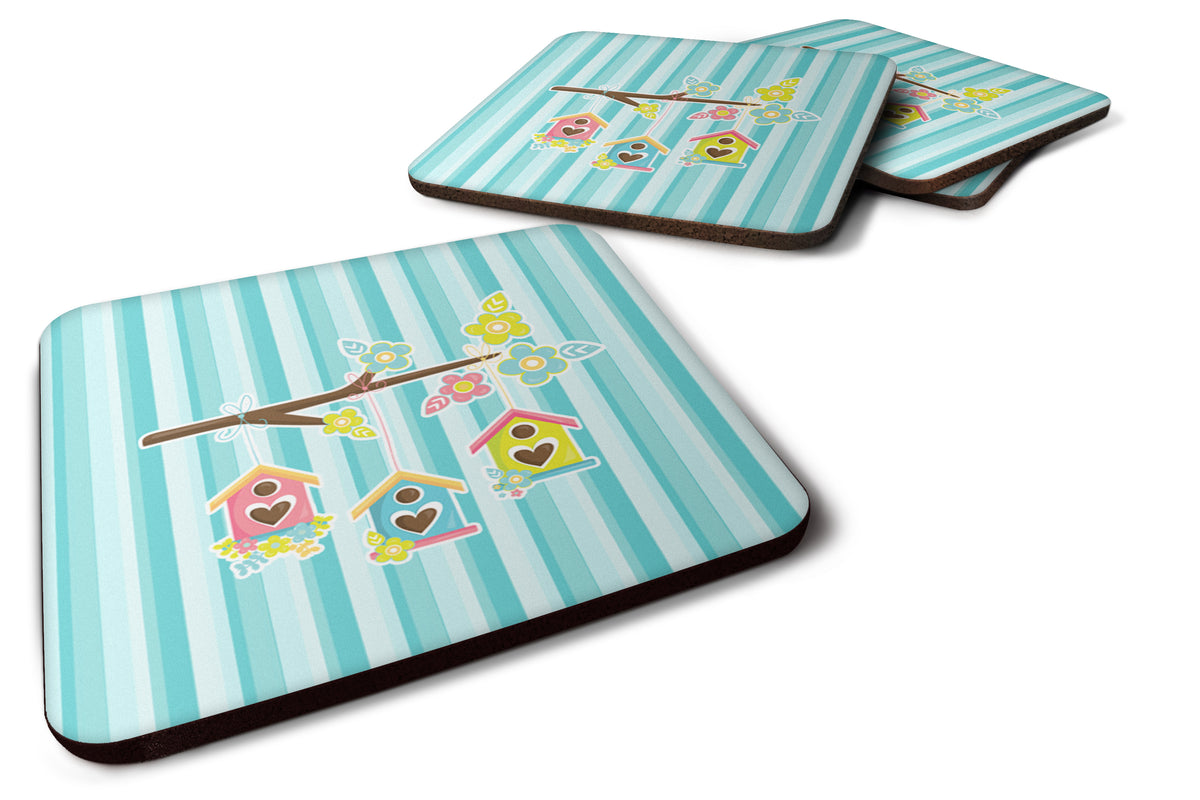 Birdhouses on Blue Stripes Foam Coaster Set of 4 BB7011FC - the-store.com