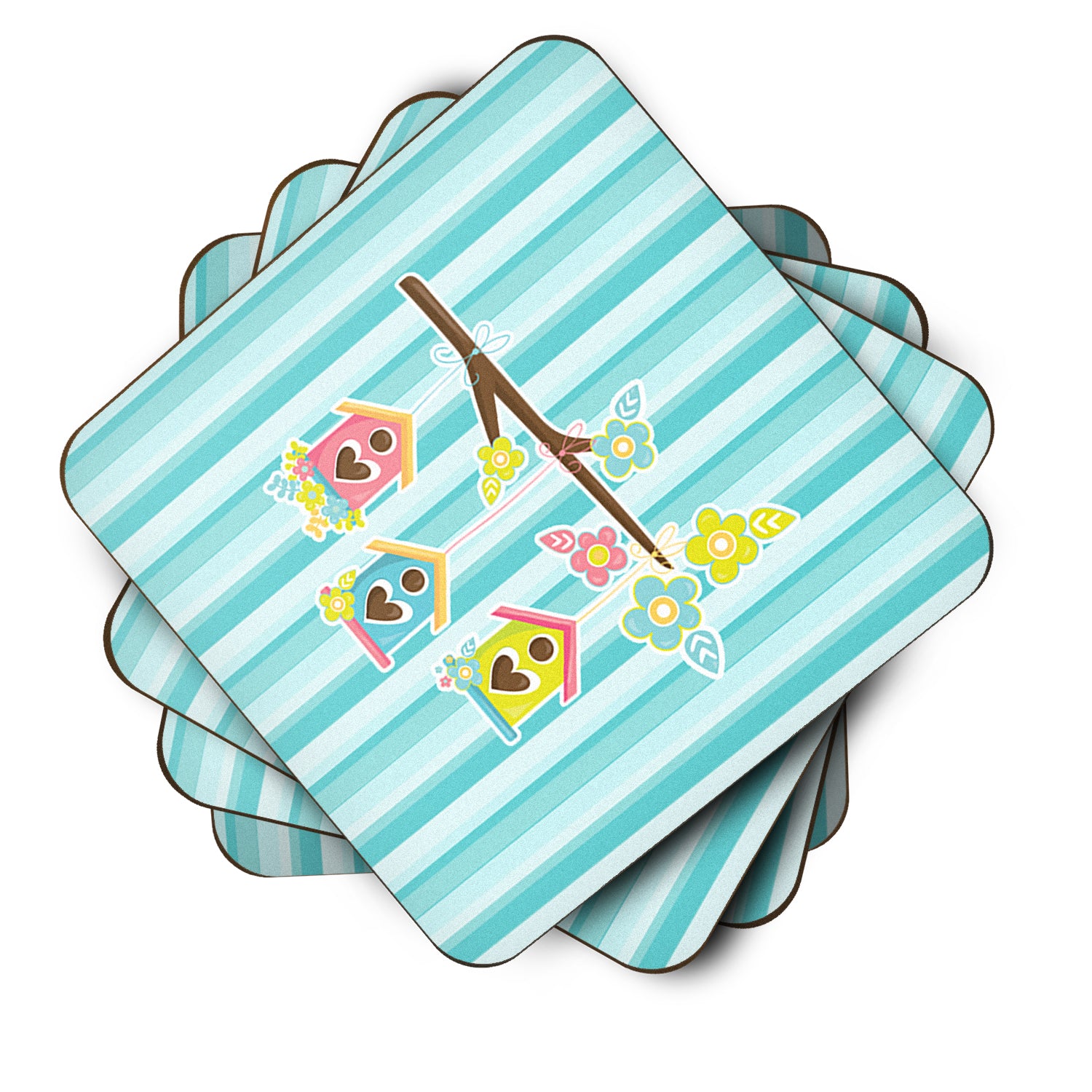 Birdhouses on Blue Stripes Foam Coaster Set of 4 BB7011FC - the-store.com